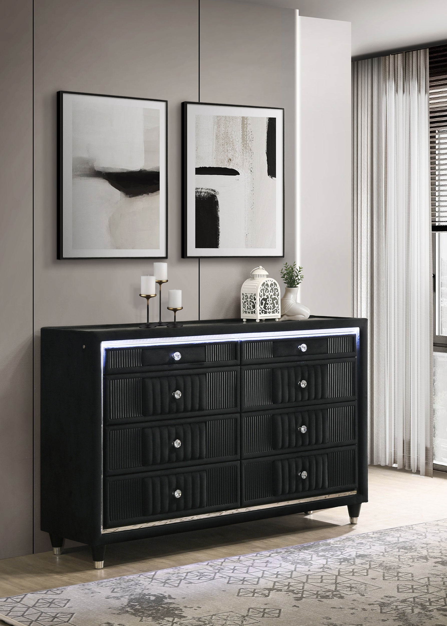 Ravenne 8-drawer Velvet Upholstered LED Dresser Cabinet Black-