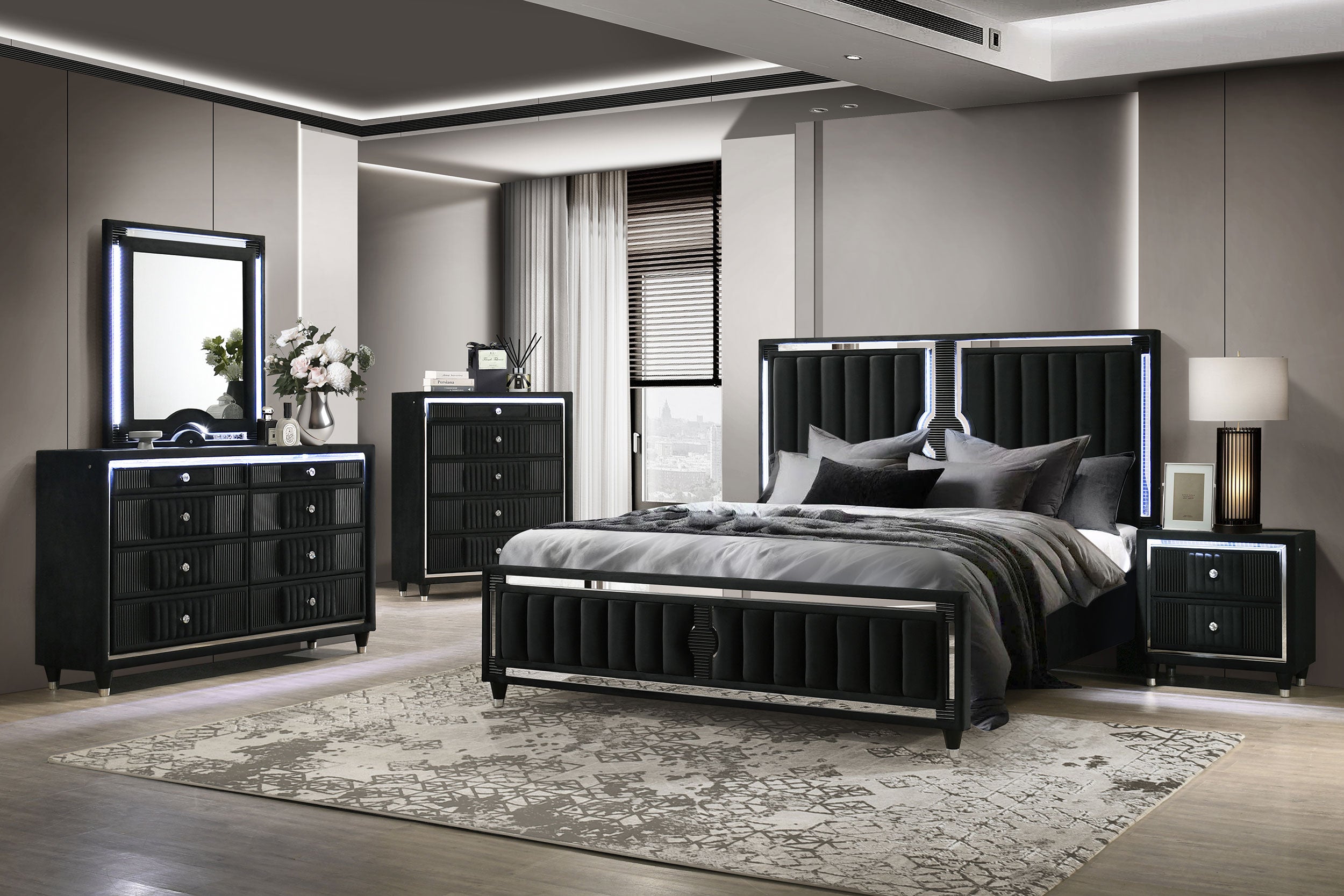 Ravenne 8-drawer Velvet Upholstered LED Dresser Cabinet Black-