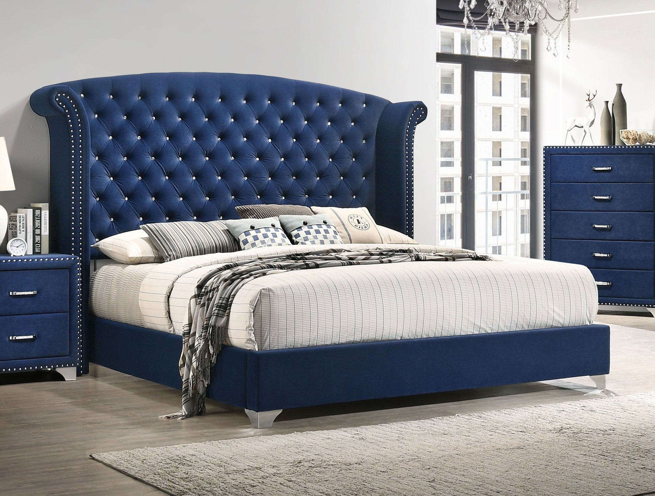 Melody Upholstered Queen Wingback Bed Pacific Blue-CoasterEveryday
