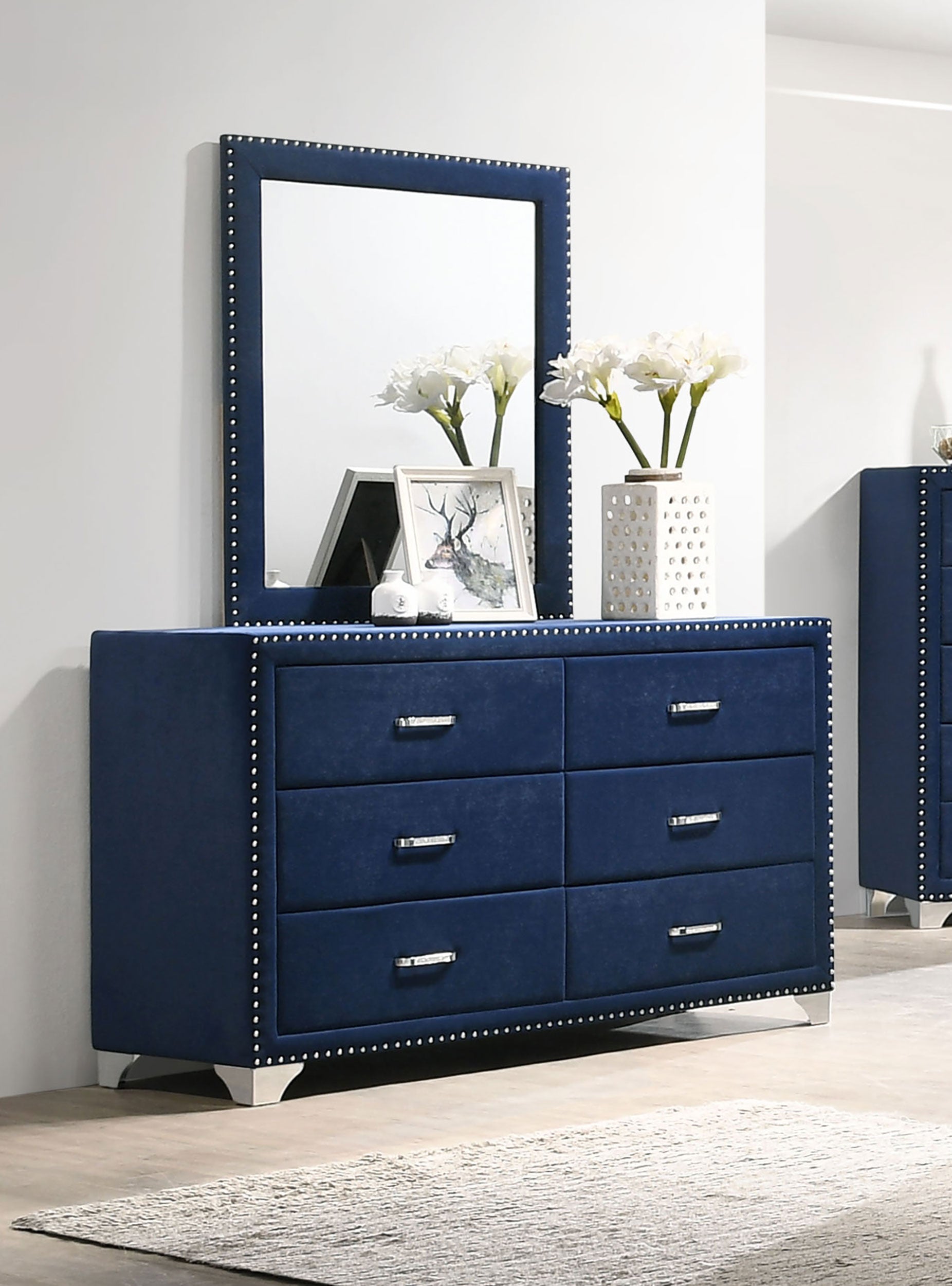 Melody 6-drawer Upholstered Dresser with Mirror Pacific Blue-CoasterEveryday