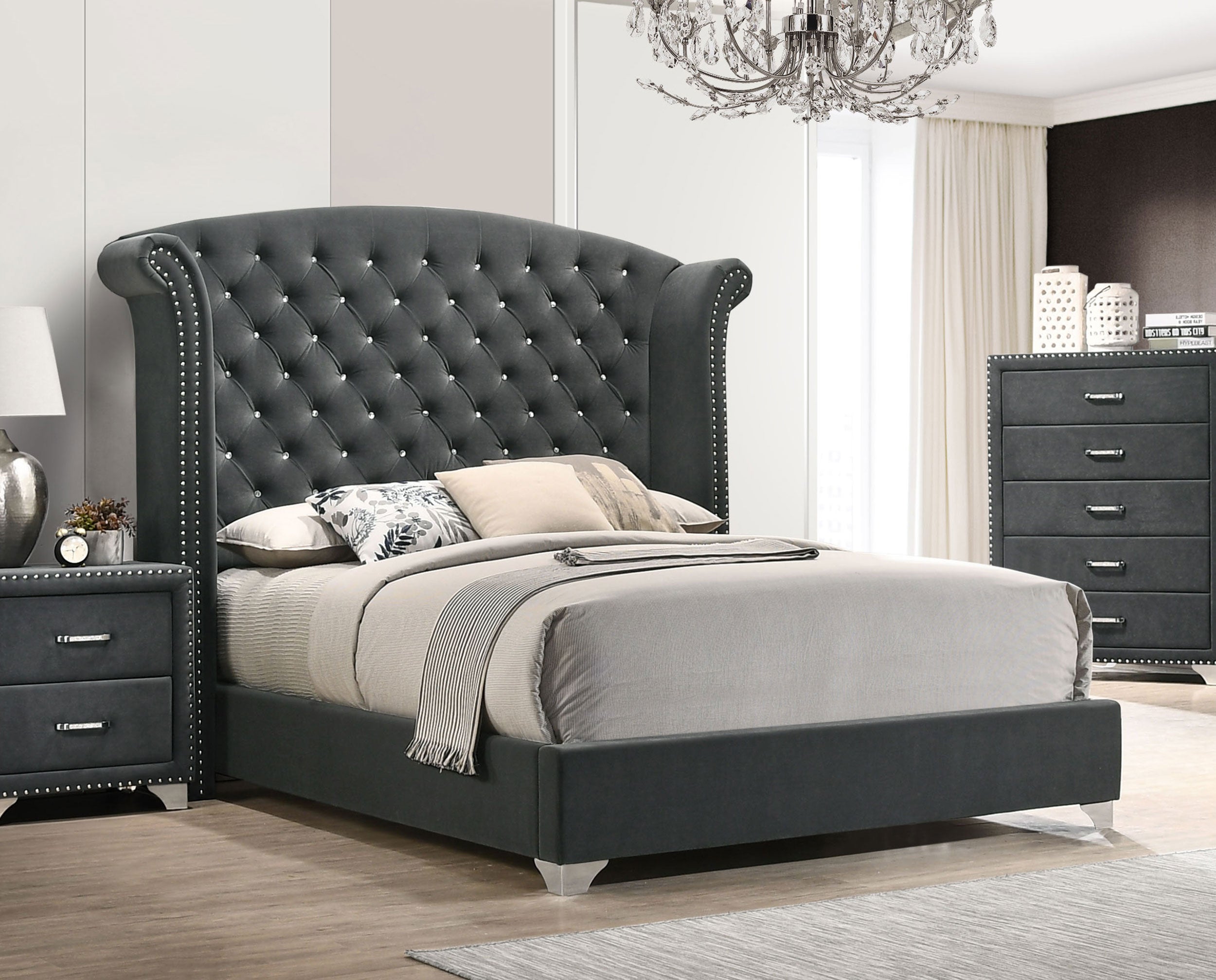 Melody Upholstered Queen Wingback Bed Grey-CoasterEveryday