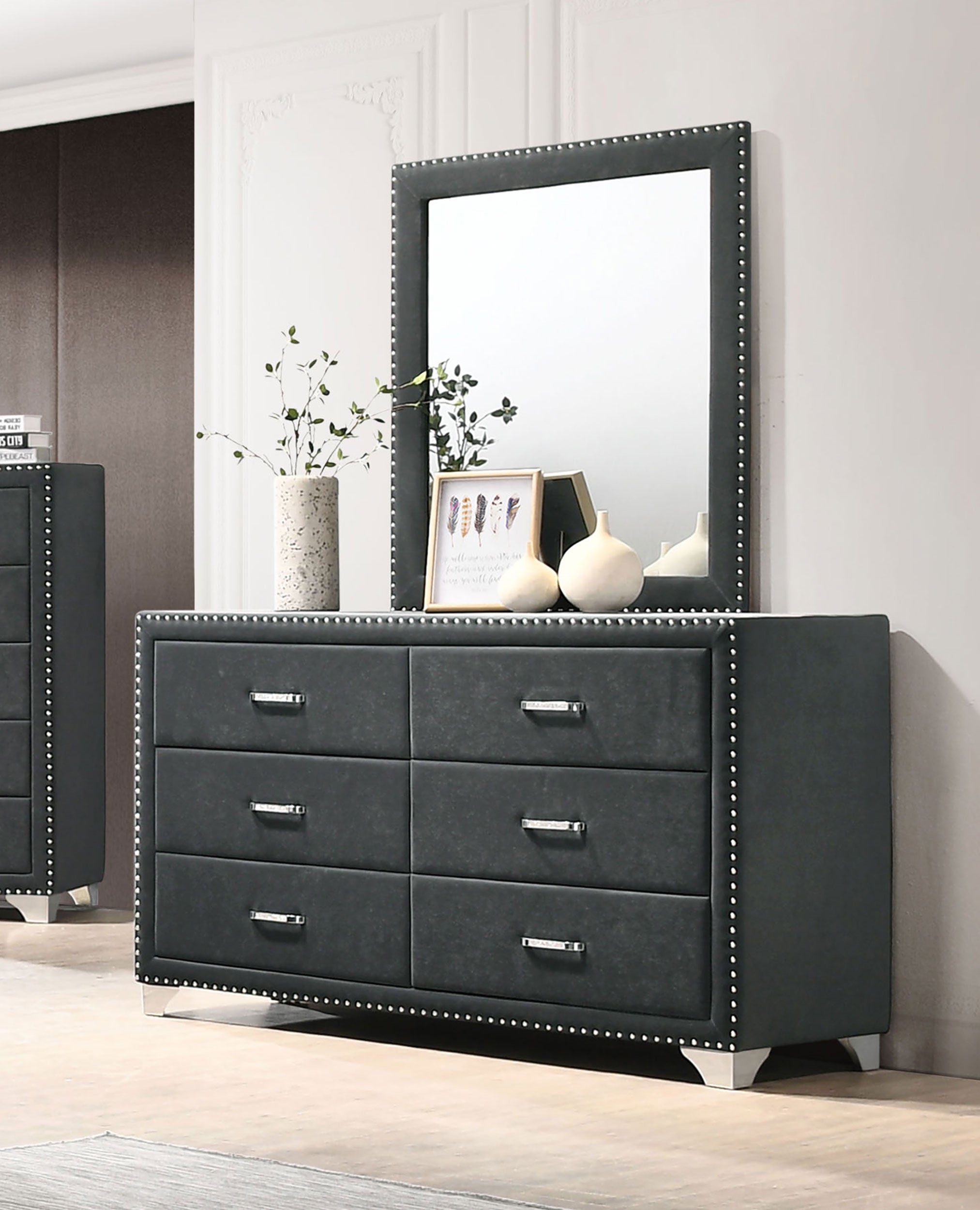 Melody 6-drawer Upholstered Dresser with Mirror Grey-CoasterEveryday
