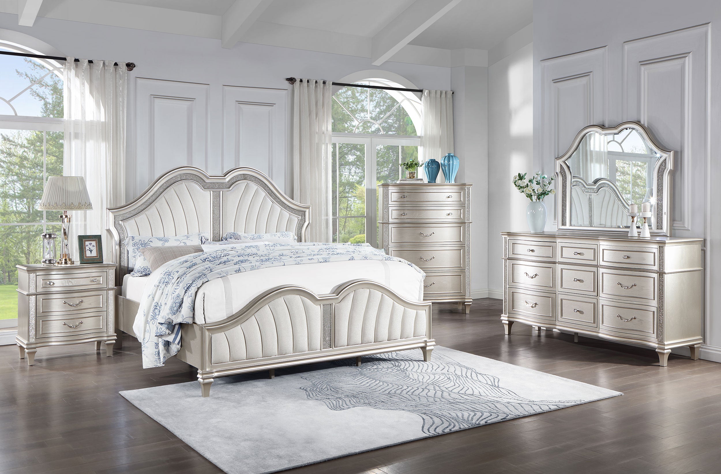Evangeline Wood Queen LED Panel Bed Silver Oak-CoasterElevations
