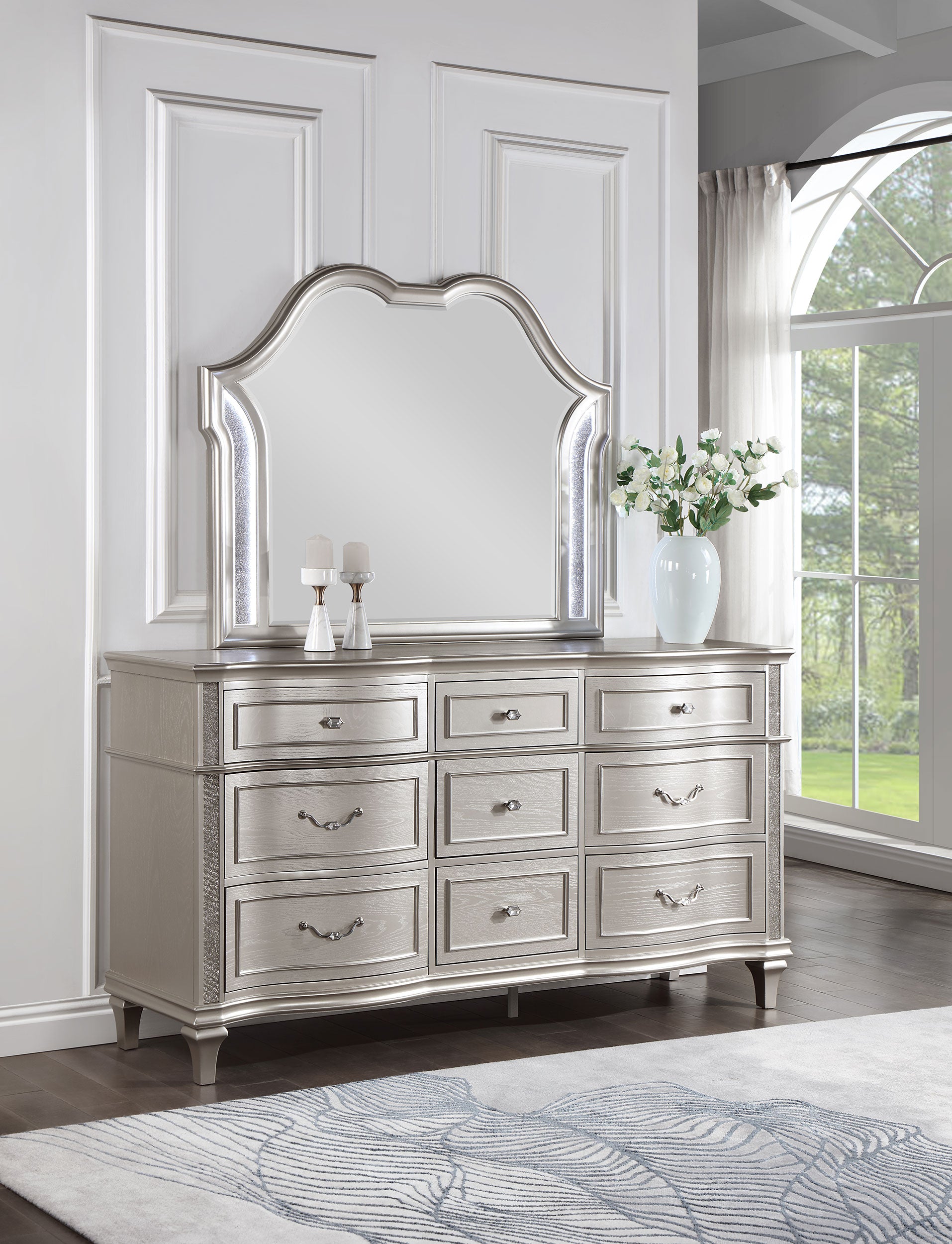 Evangeline 9-drawer Dresser with Mirror Silver Oak-CoasterElevations