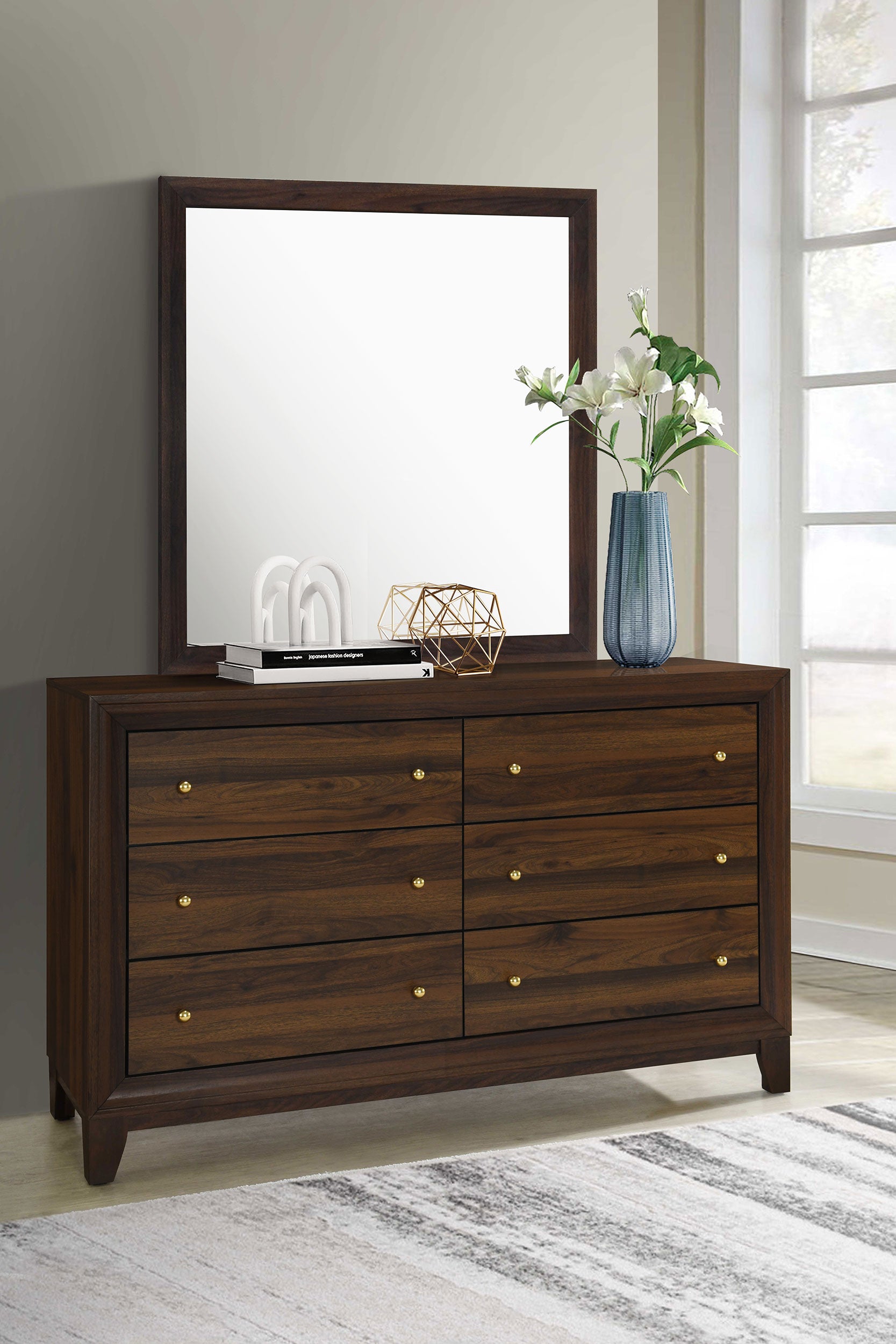 Welsley 6-drawer Dresser and Mirror Walnut-