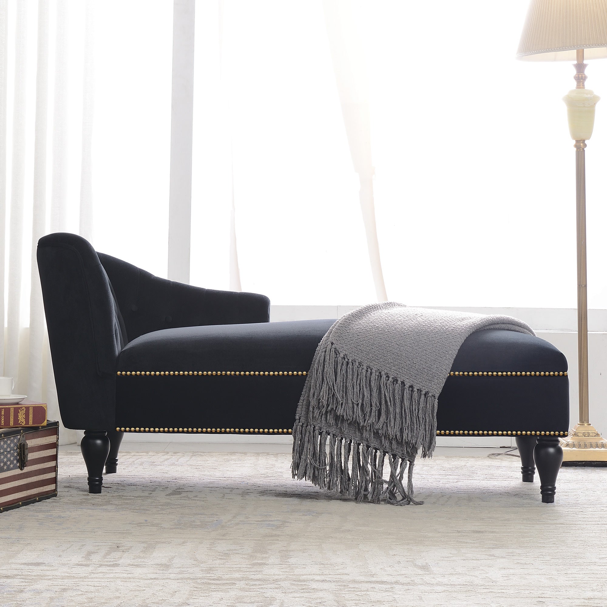 58" Velvet Chaise Lounge with Nailhead Trim and Solid Wood Legs