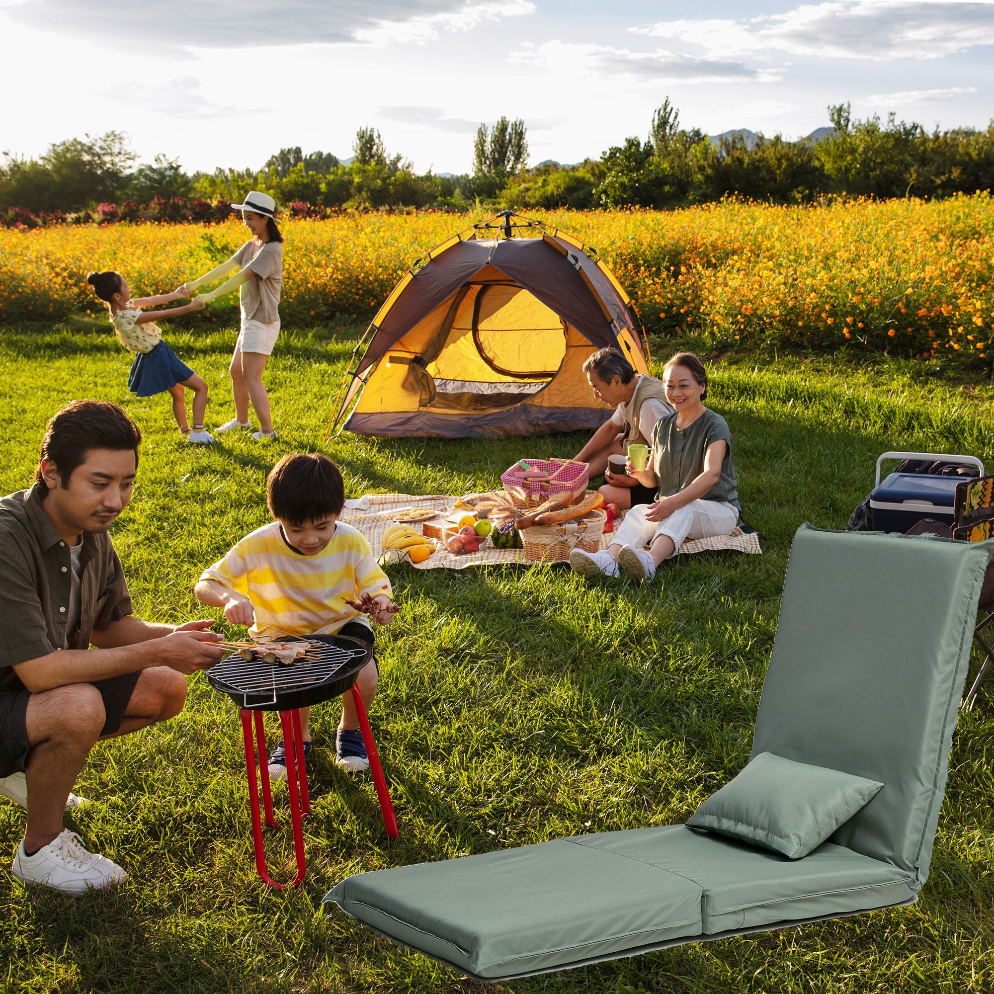 Foldable Portable Camping Chair With Carry Bag 14 Position Adjustable Recliner For Adults Cotton & Metal Frame For Outdoor Travel, Picnic, Or BBQ - Light Green