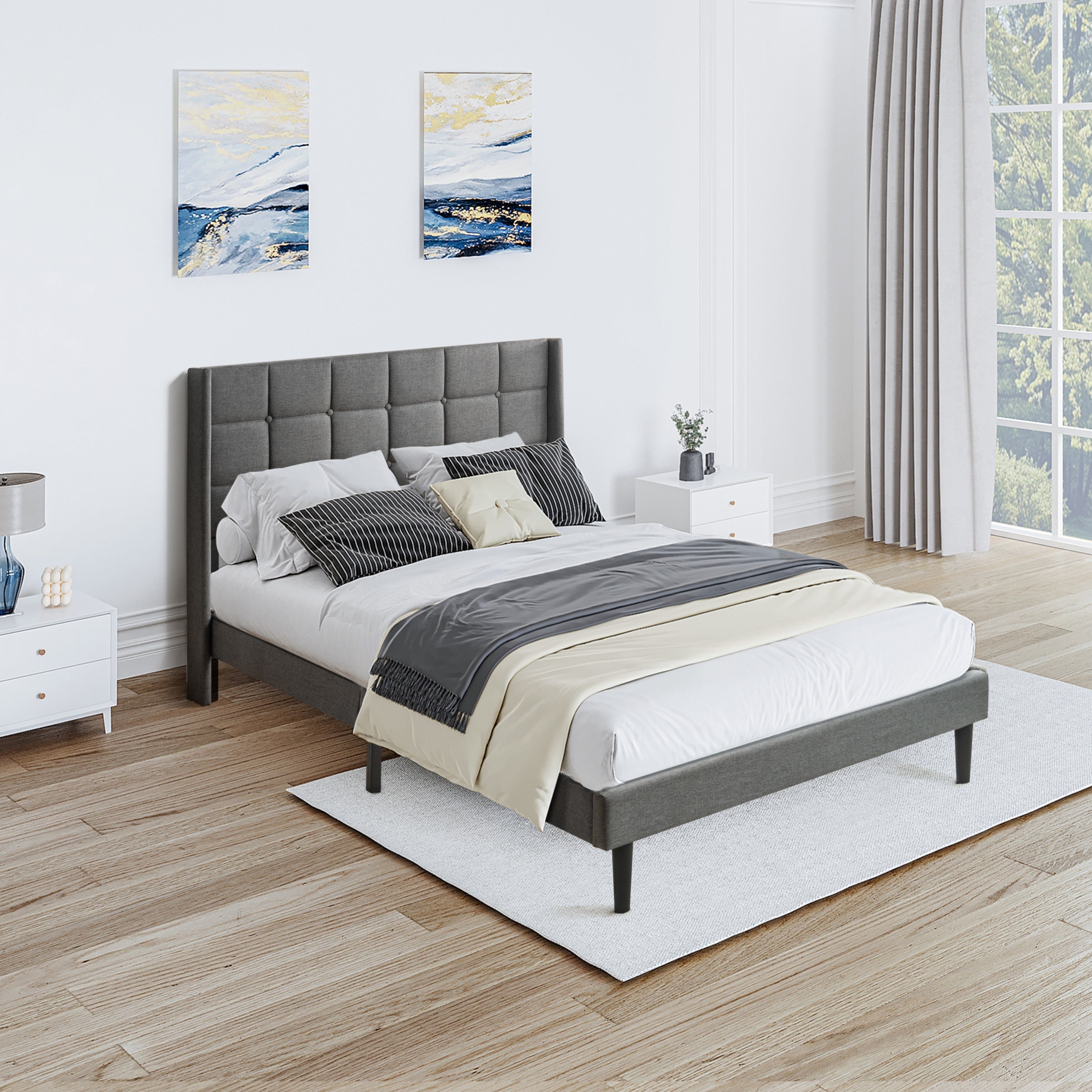 Modern Queen Size Upholstered Platform Bed Frame