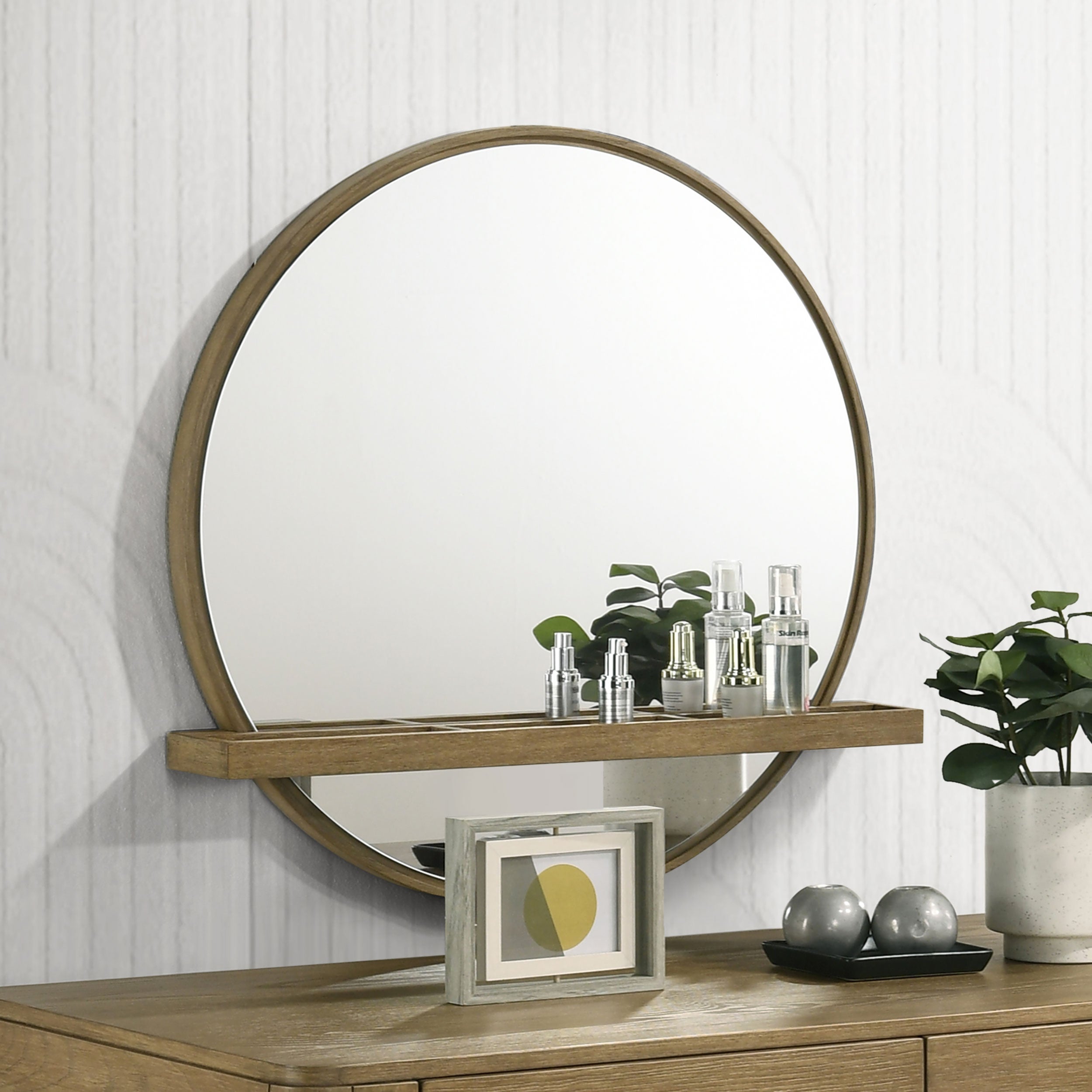 Arini Round Vanity Wall Mirror with Shelf Sand Wash-CoasterElevations