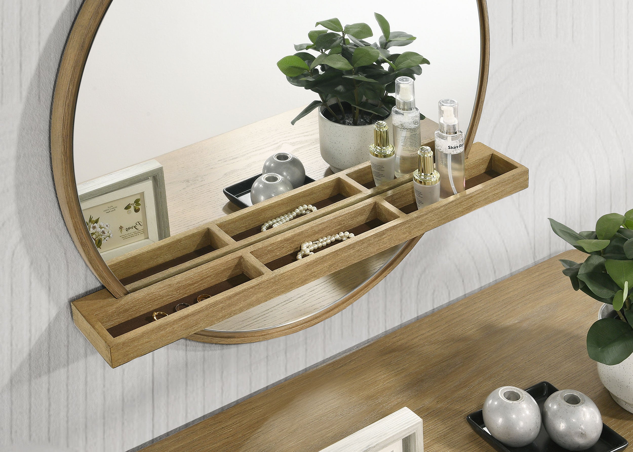 Arini Round Vanity Wall Mirror with Shelf Sand Wash-CoasterElevations