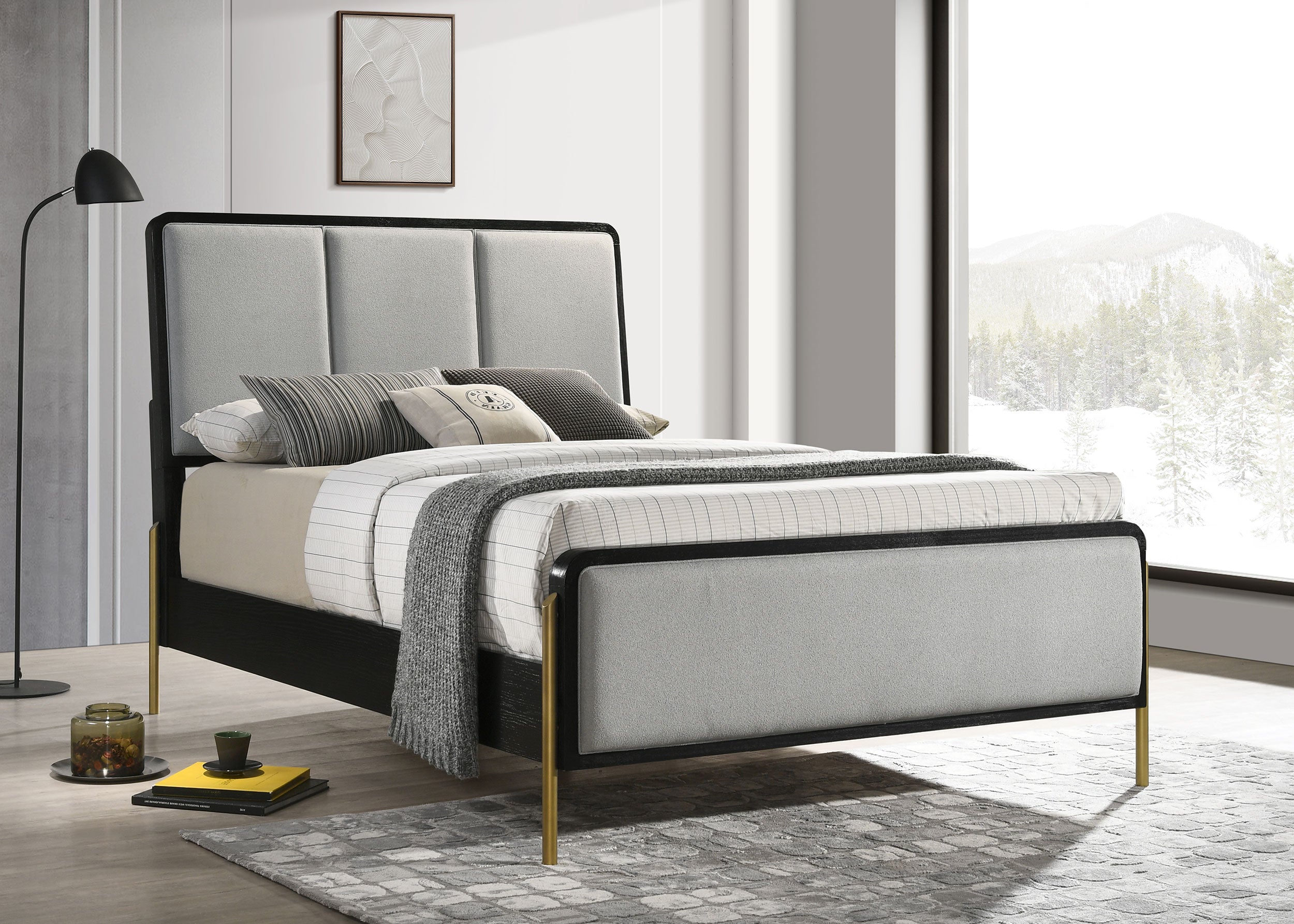 Arini Upholstered Queen Panel Bed Black and Grey-