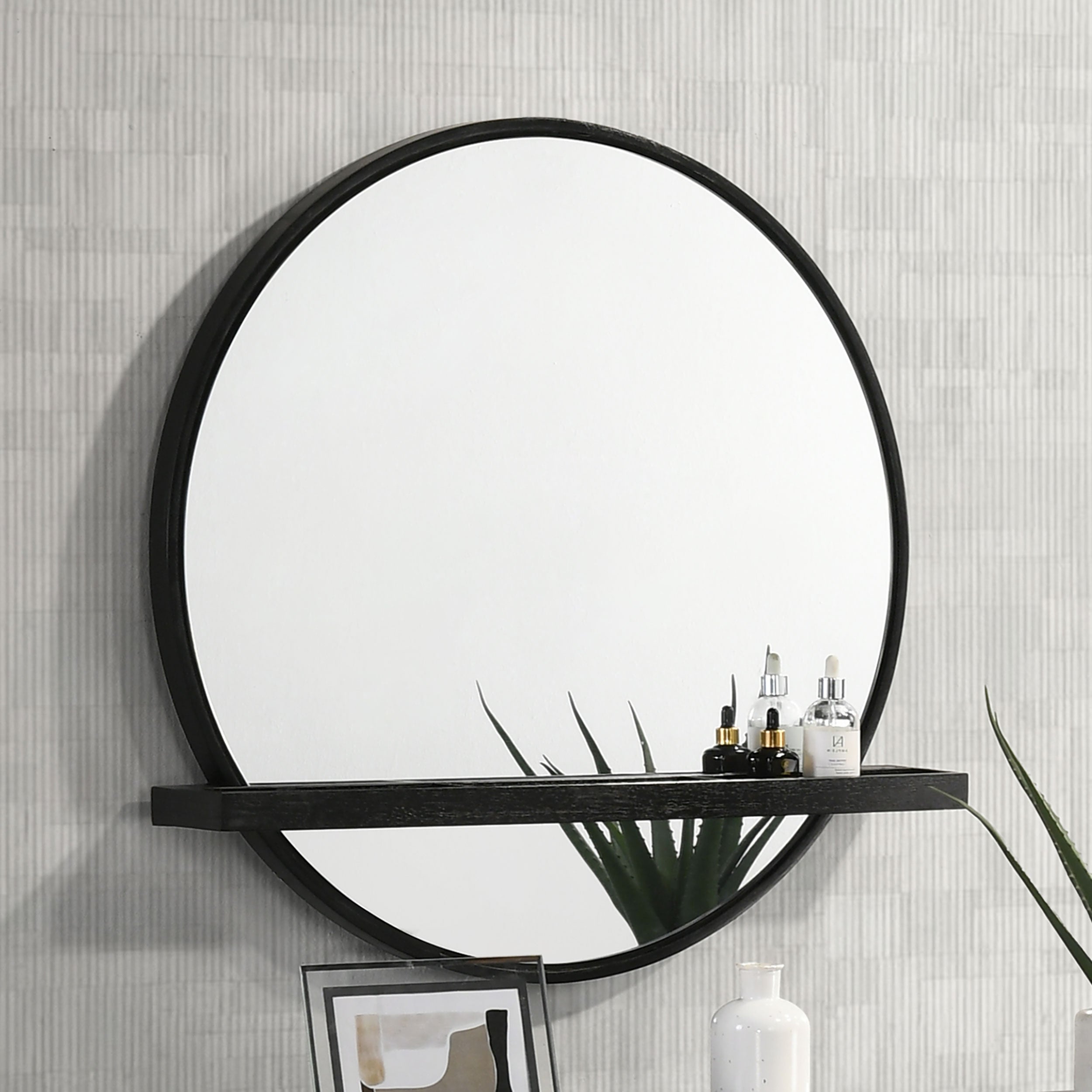 Arini Round Vanity Wall Mirror with Shelf Black-