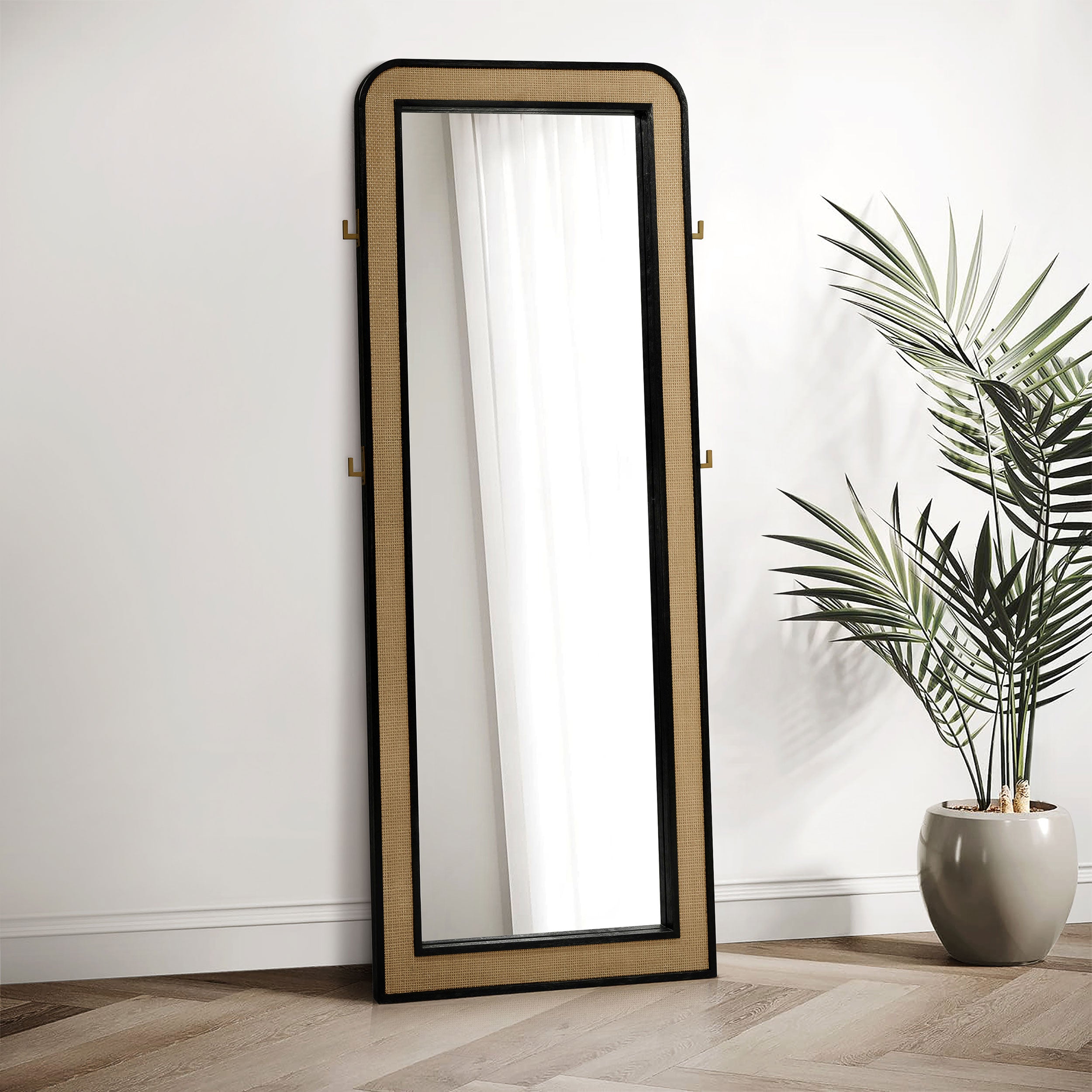 Arini Cane Weave Full Length Standing Floor Mirror Black-