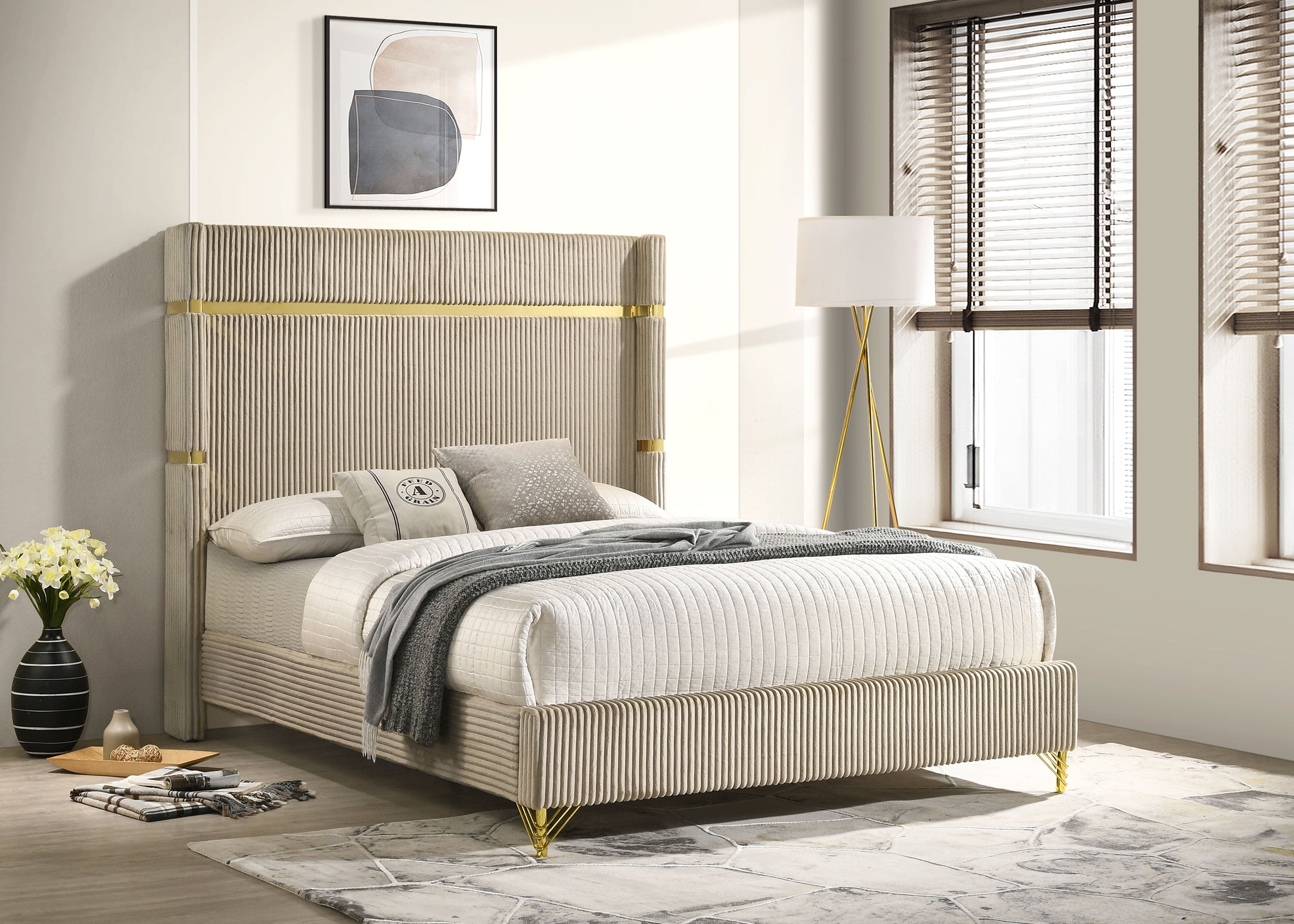 Lucia 61-inch Upholstered Queen Wingback Bed Beige-