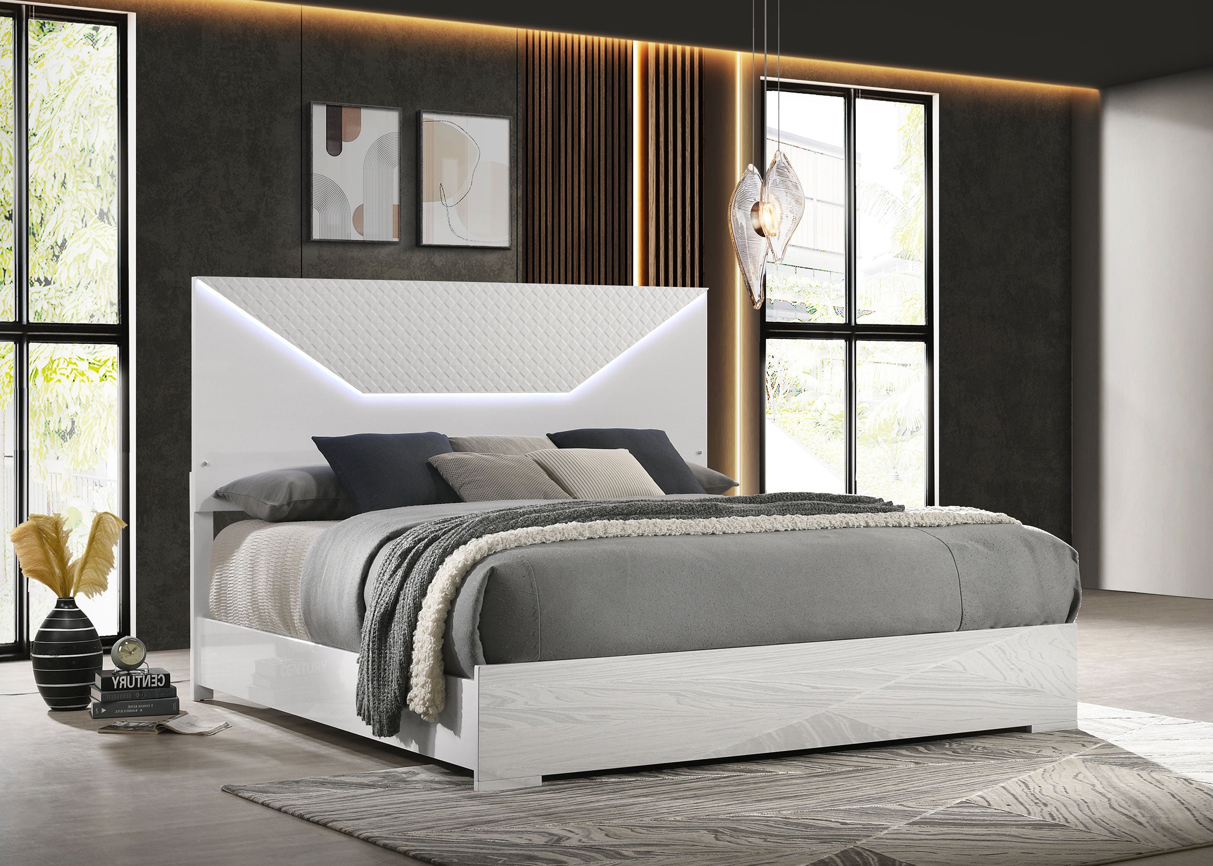 Ives Queen Panel Bed LED Headboard White High Gloss-