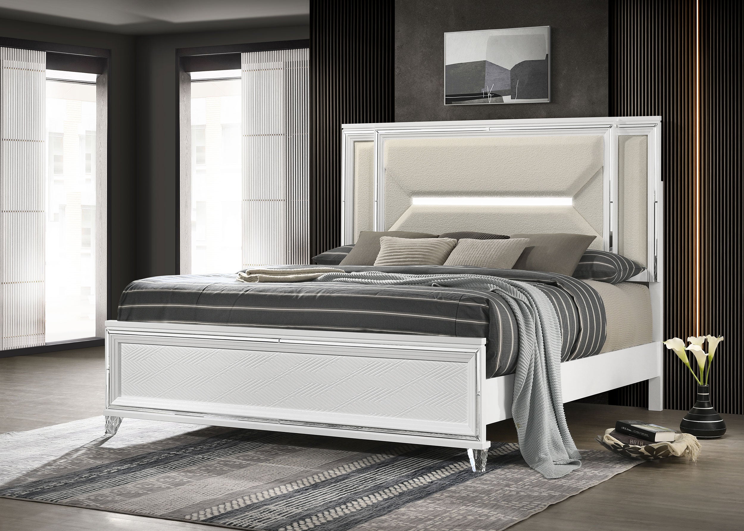 Marmore 64-inch Queen Panel Bed LED Headboard White-