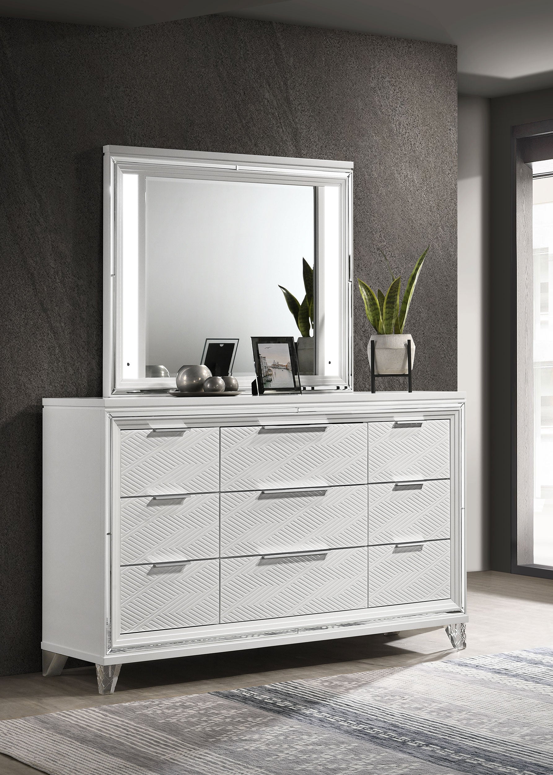 Marmore 9-drawer Dresser and LED Mirror White-