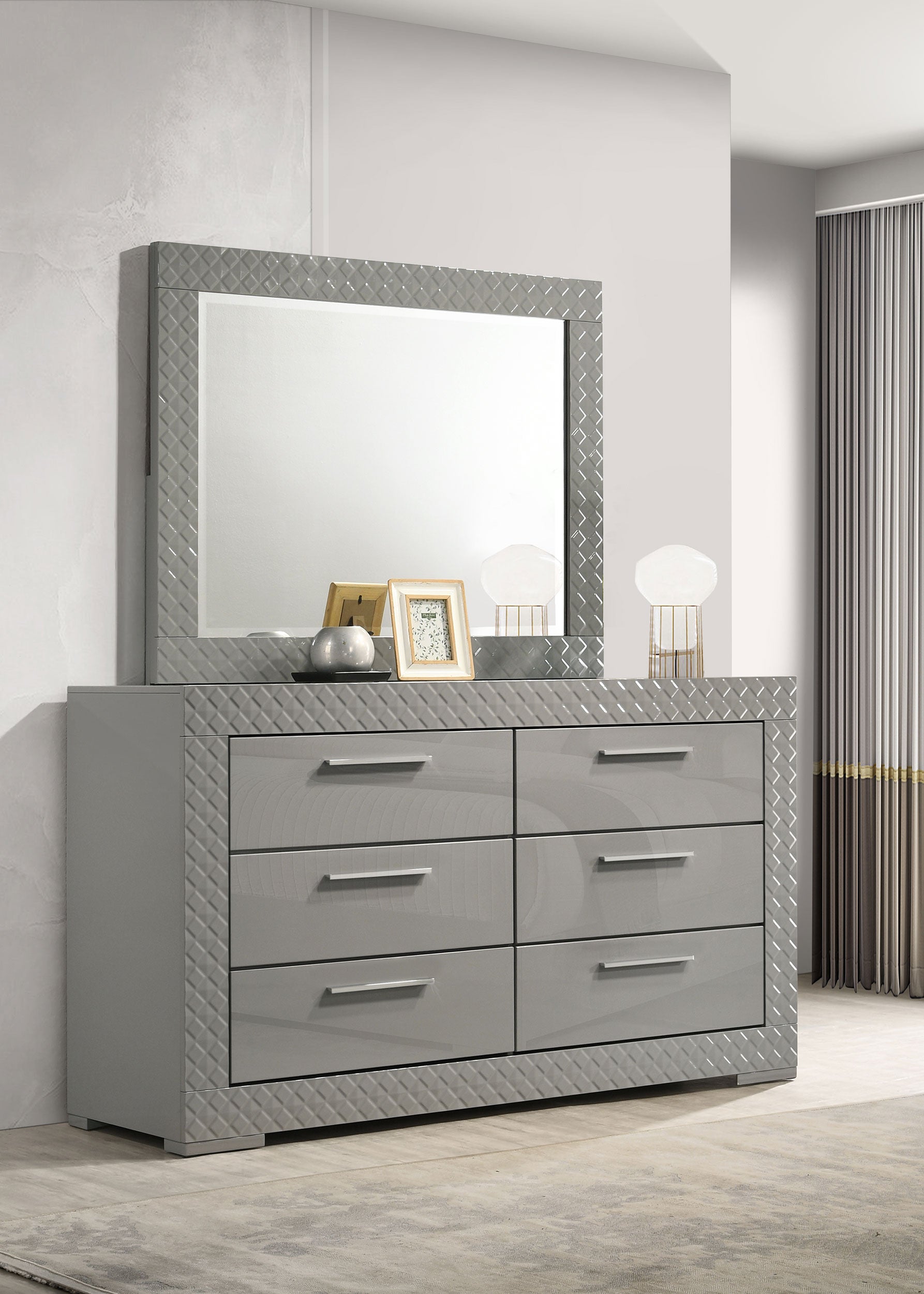 Ives 6-drawer Dresser and Mirror Grey High Gloss-