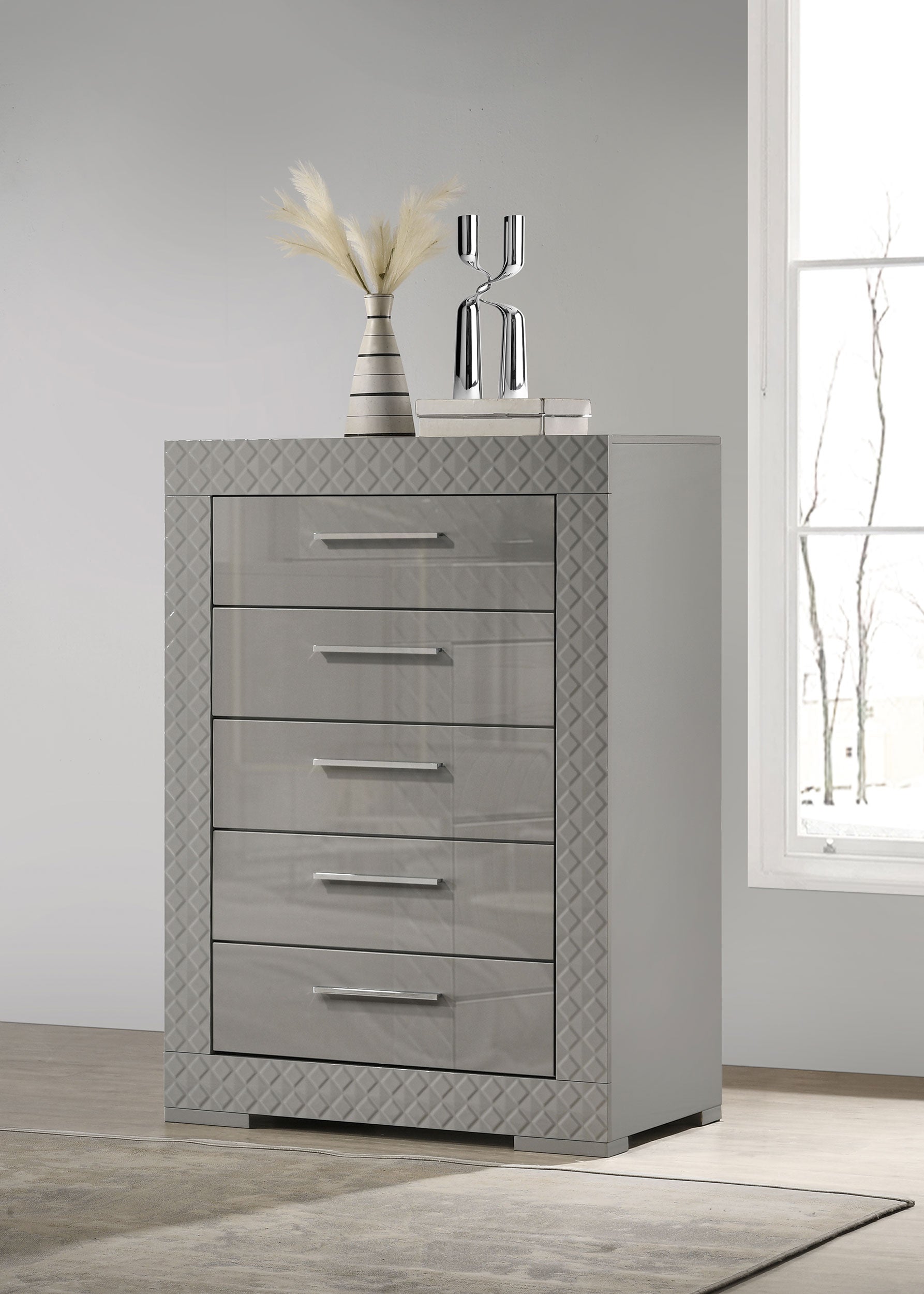 Ives 5-drawer Bedroom Chest of Drawers Grey High Gloss-