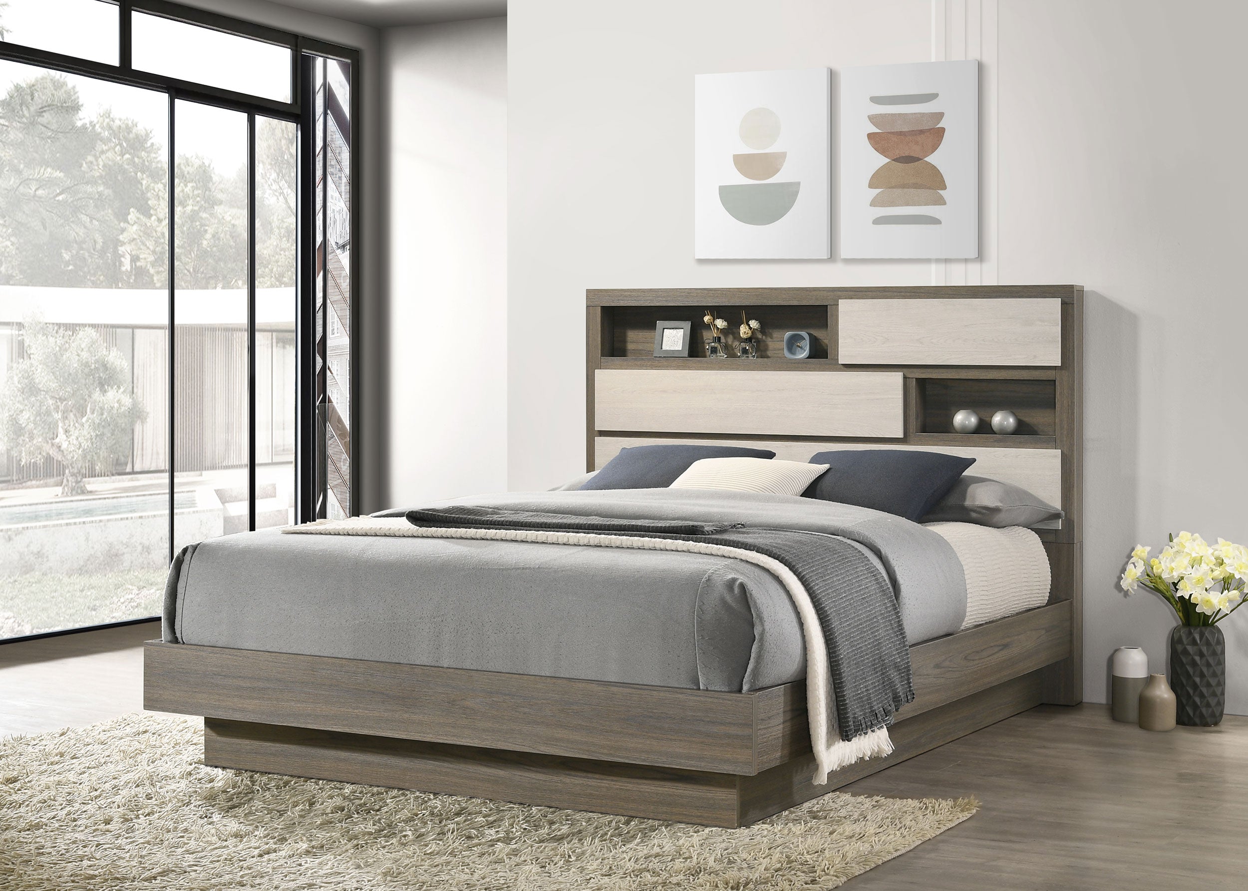 Fenwick Queen Bed Bookcase Headboard Grey Oak-