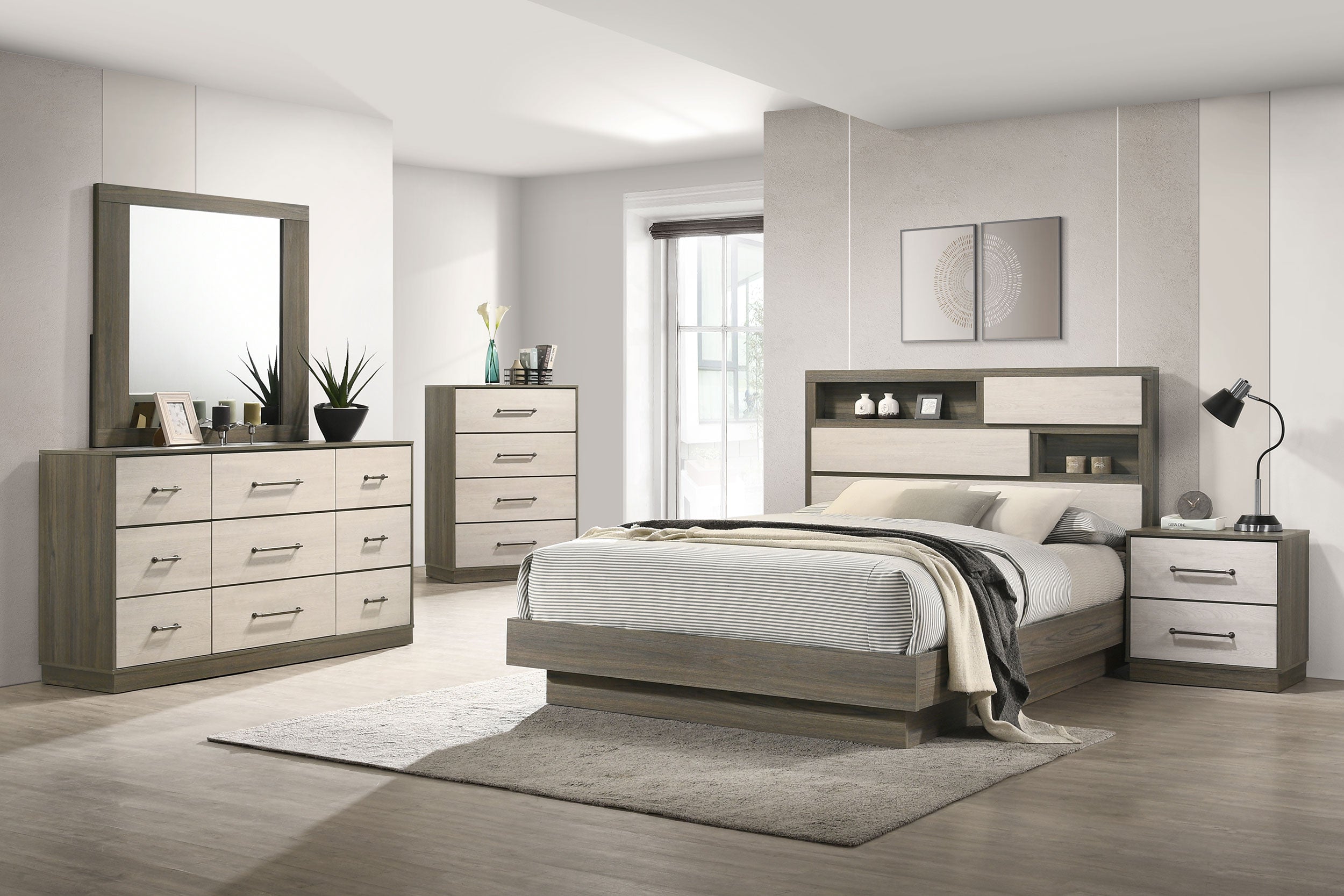 Fenwick Queen Bed Bookcase Headboard Grey Oak-