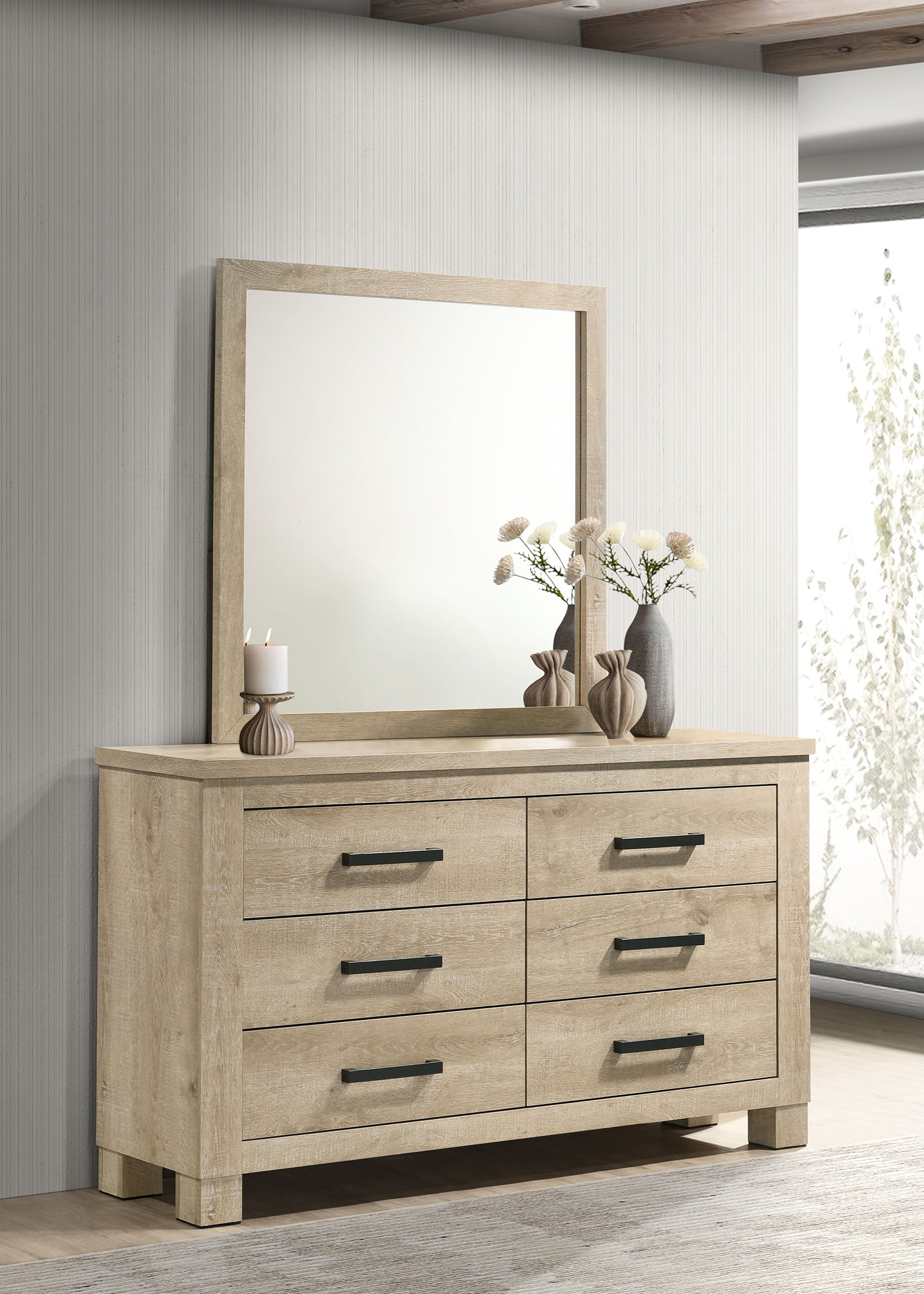 Oakglen 6-drawer Bedroom Dresser and Mirror Weathered Oak-