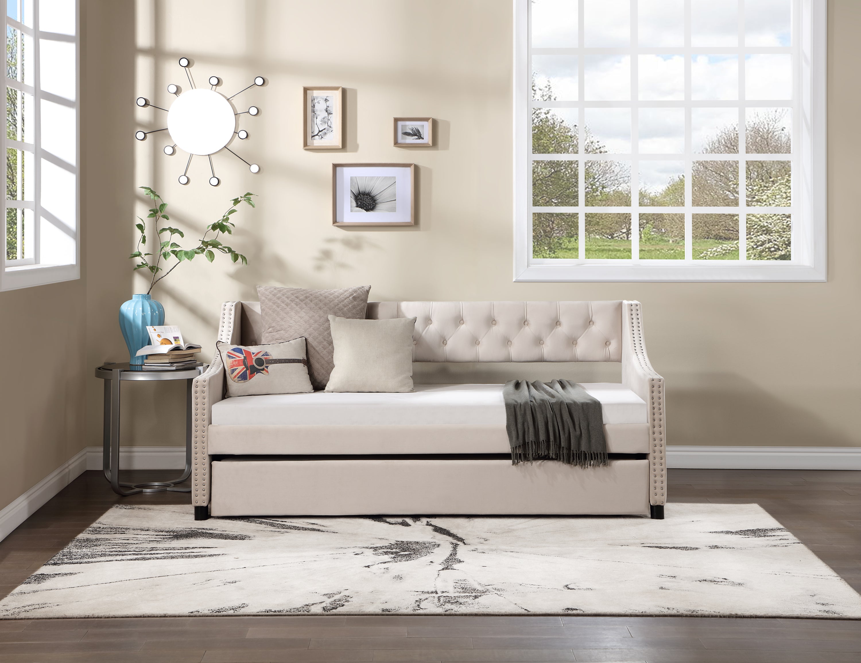 Daybed with Trundle Upholstered Tufted Sofa Bed Arms Full Size Beige