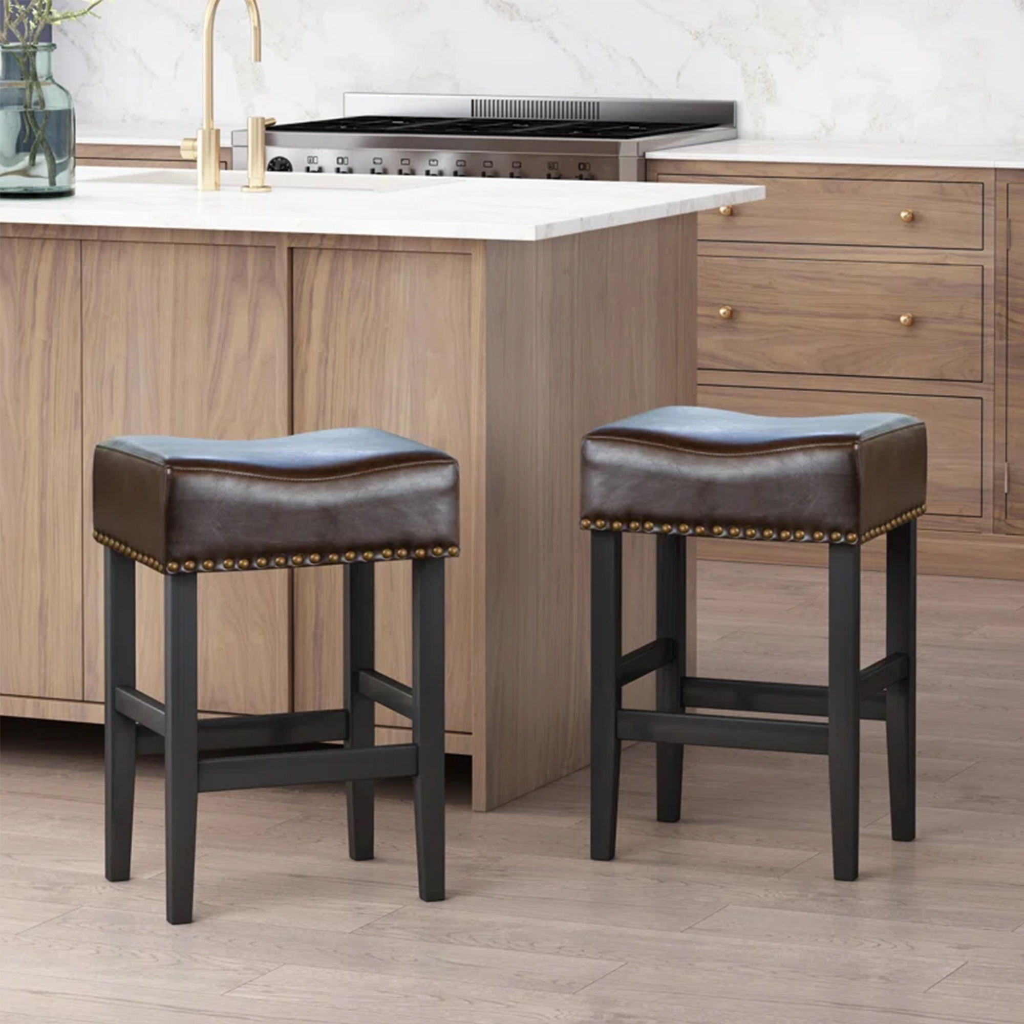 Soltique - Backless Dining Counter Stool With Nailhead Trim (Set of 2)