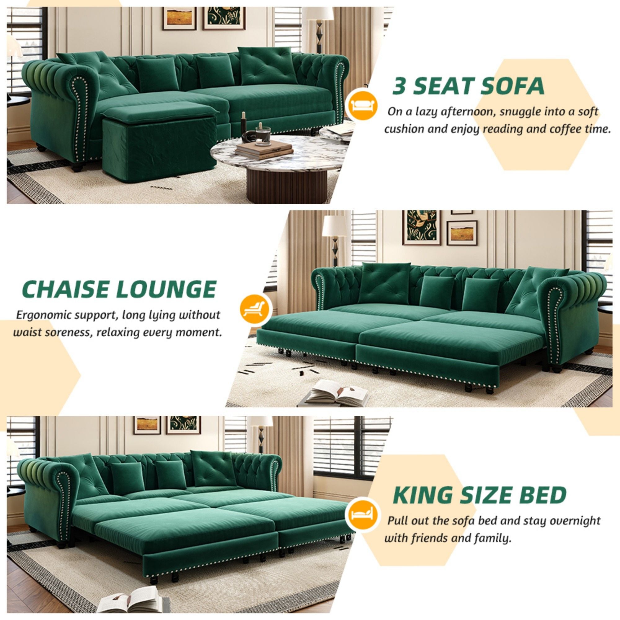 3 In 1 Pull Out Sofa Bed, Convertible Sleeper Sofa Bed, 3 Seater Sofa With Movable Ottoman - Green
