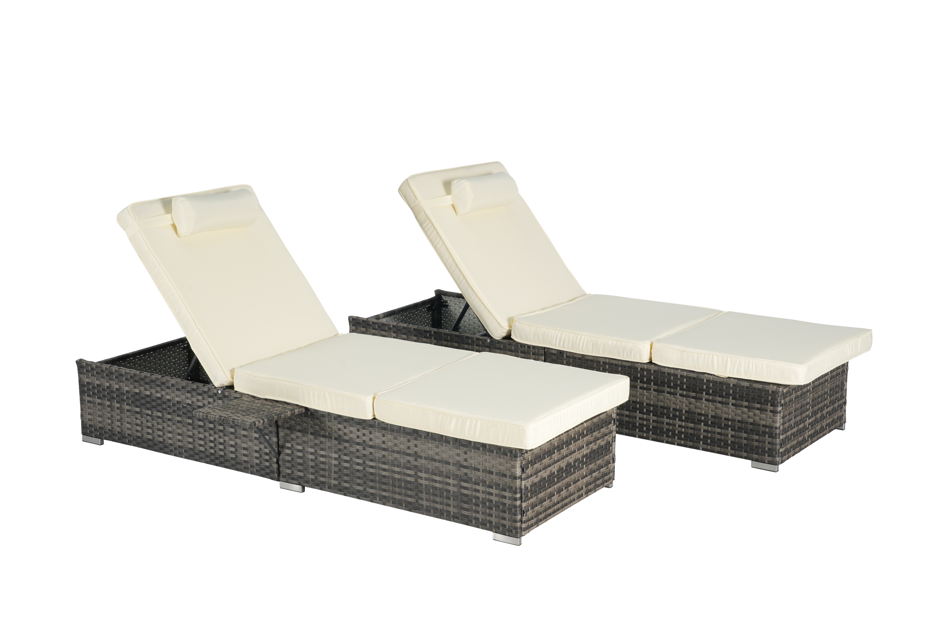 Outdoor Chaise Lounge Chair Set of 2 with Storage Patio Pool Chairs Tanning Lounges for Outside,Beach Rattan Recliners with Adjustable Backrest, Table, Cushion for Poolside Backyard Garden