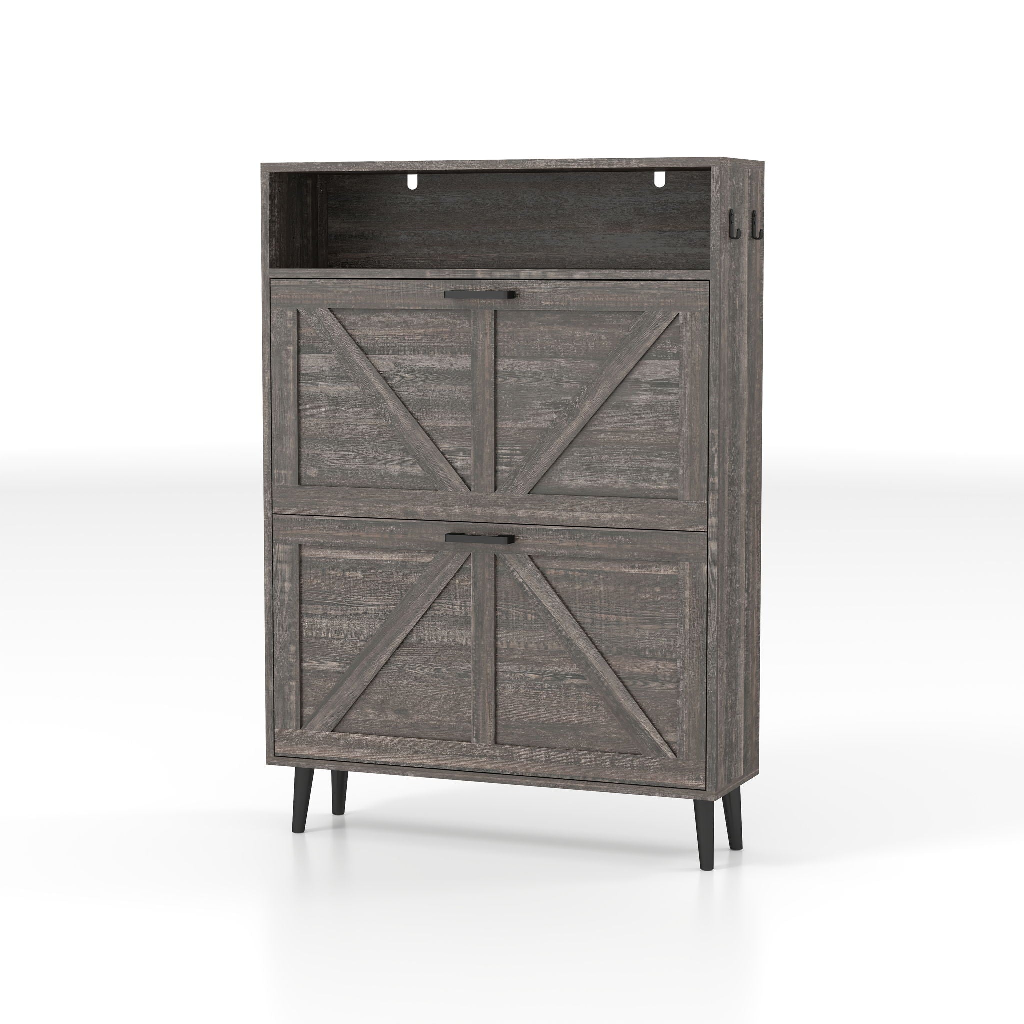 Farmhouse Shoe Storage Cabinet With Barn Door Design, 2 Flip Drawers, Hooks - Dark Oak