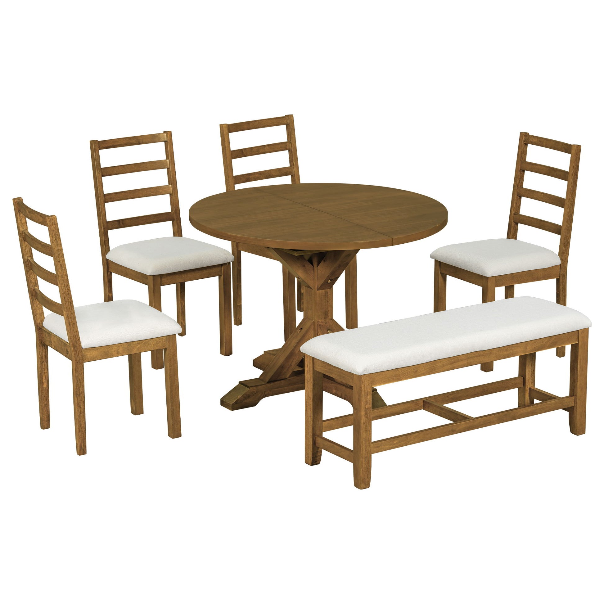 Topmax - 6 Piece Farmhouse Extendable Pedestal Dining Table Set With 18Inch Removable Leaf, Bench And 4 Ladder Back Dining Chairs - Best Buy Furniture