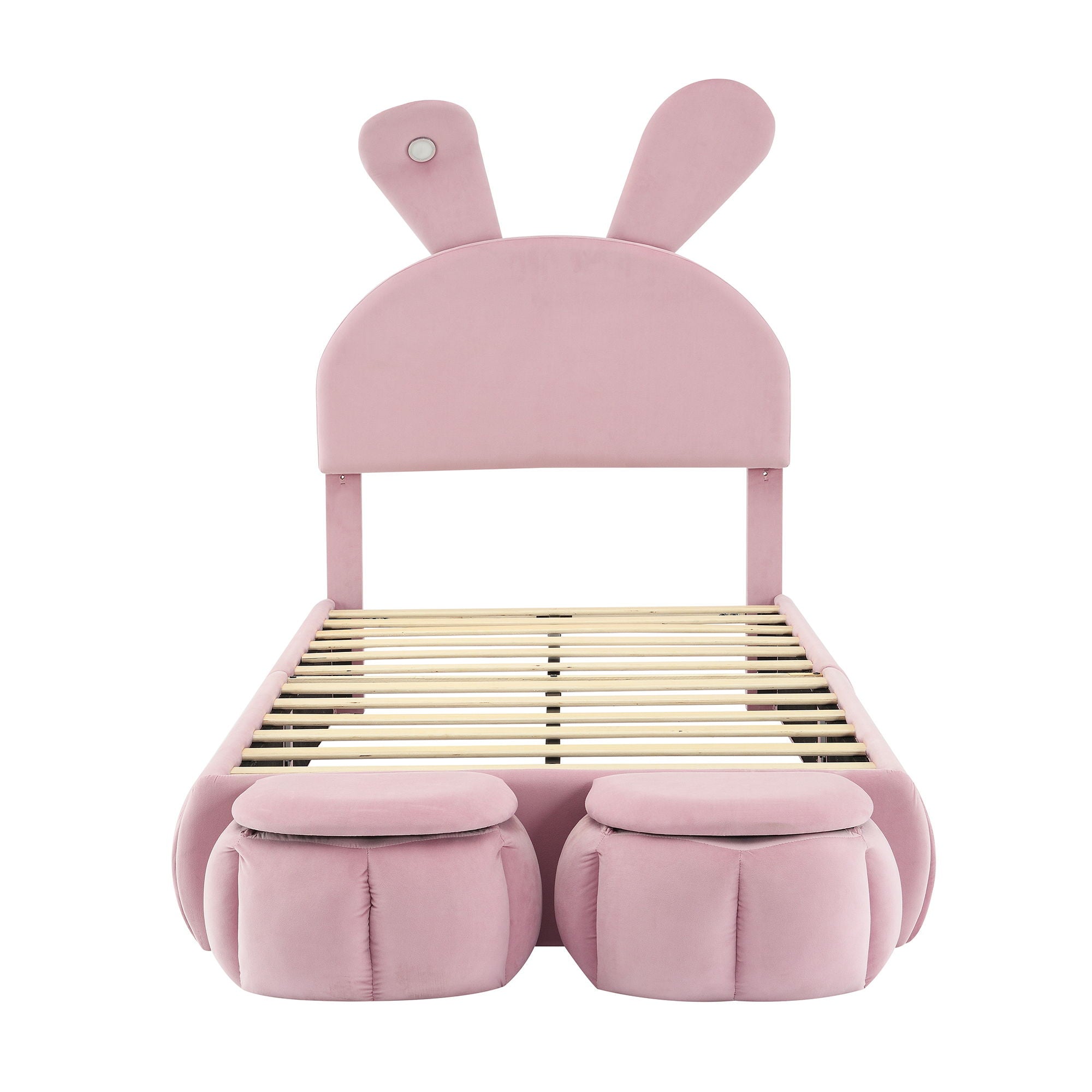 Upholstered Platform Bed With Cartoon Ears Shaped Headboard And LED Light