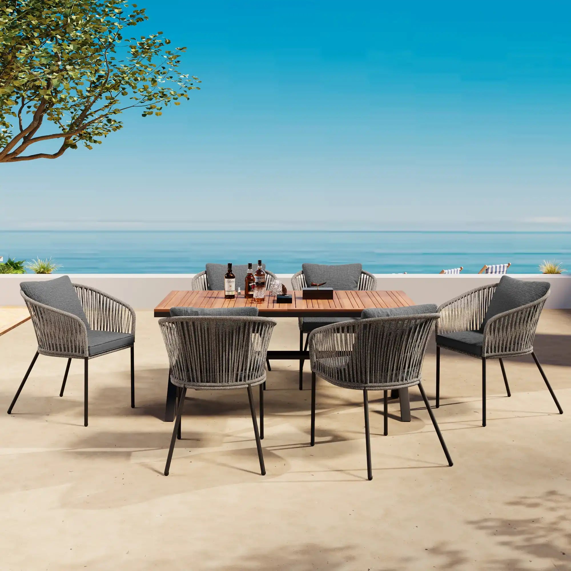 7 Piece Outdoor Dining Set, Acacia Wood Table and Metal Frame, Grey