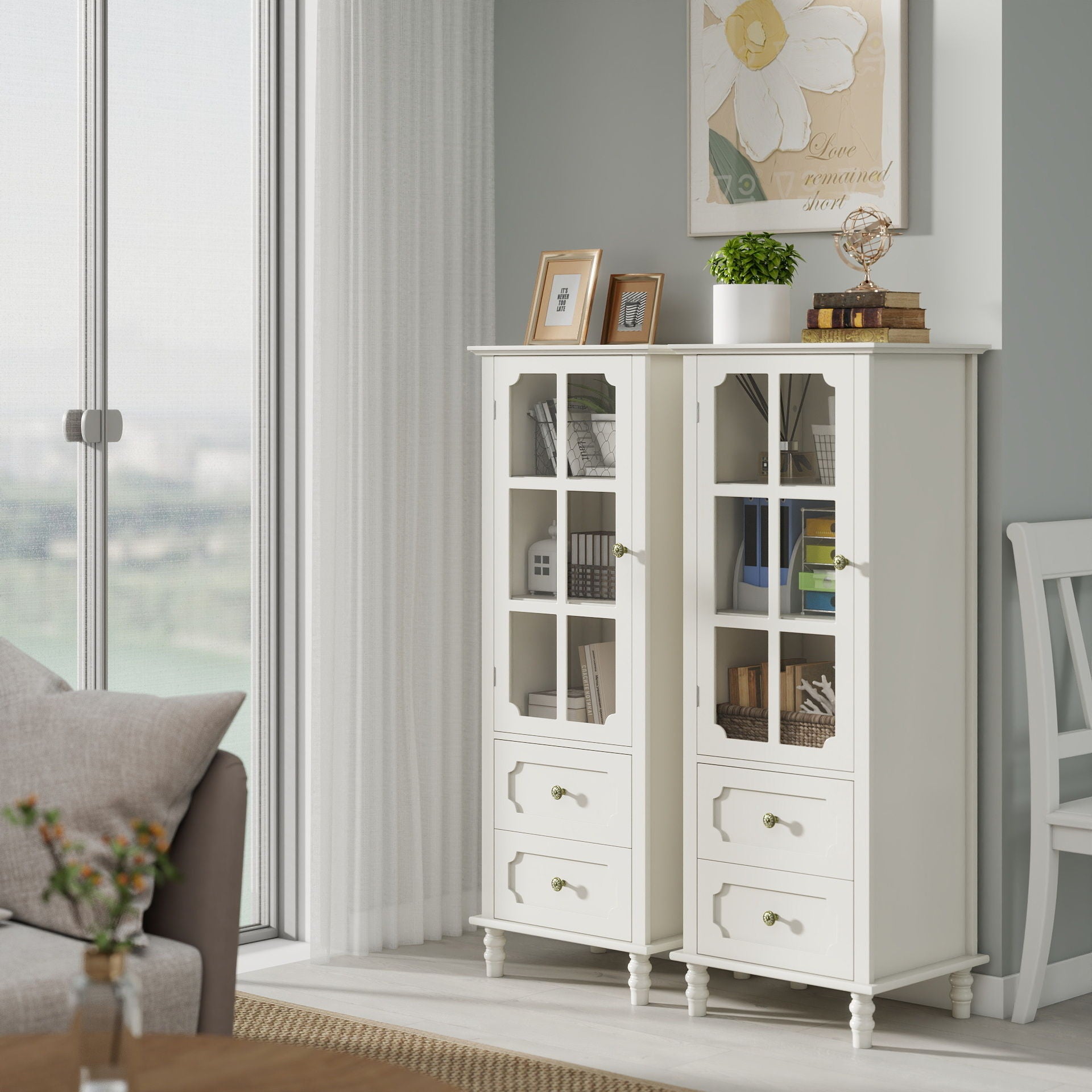 Minimalism Buffet Cabinet With Glass Doors And Double Drawer