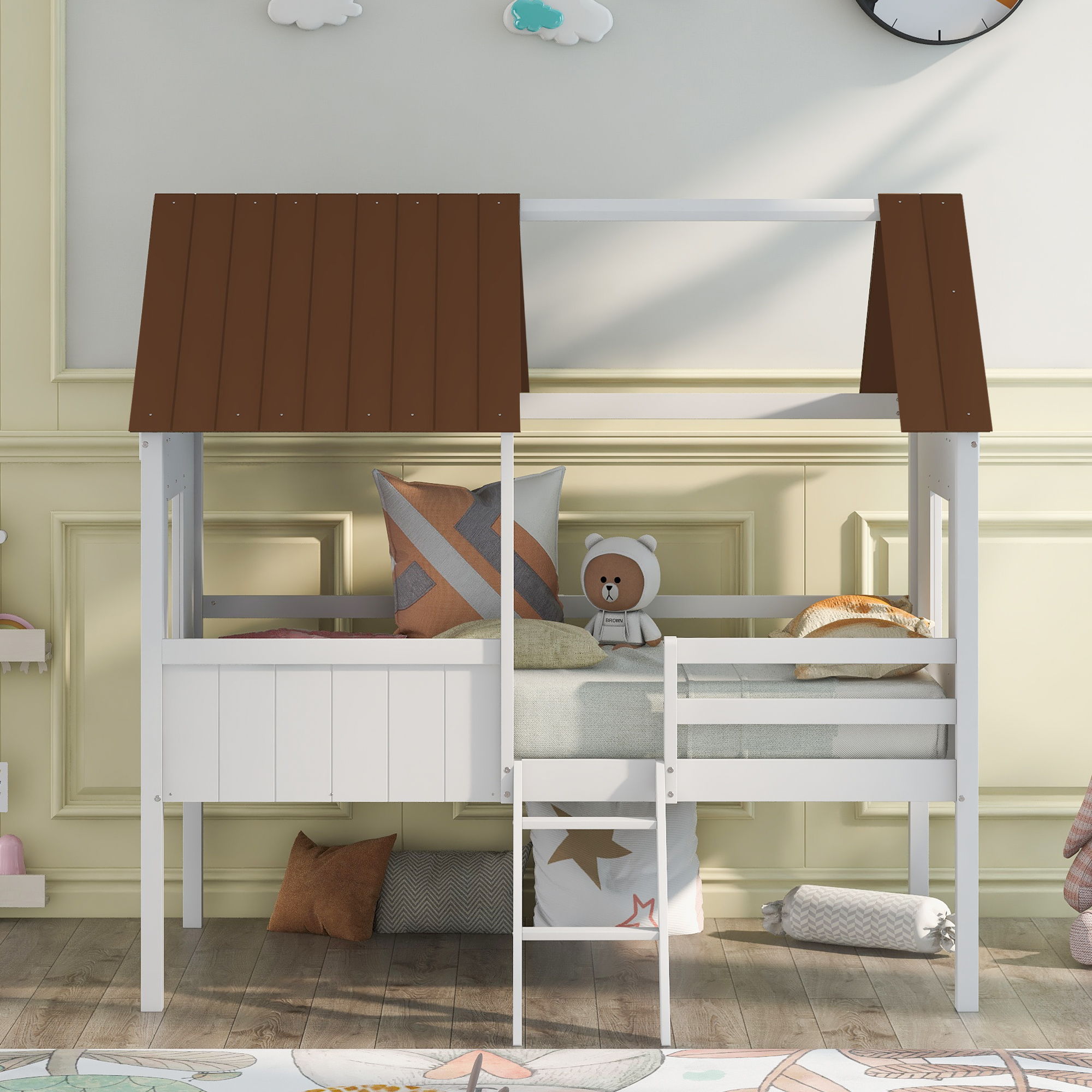 Low Loft Wooden House Bed With Two Side Windows