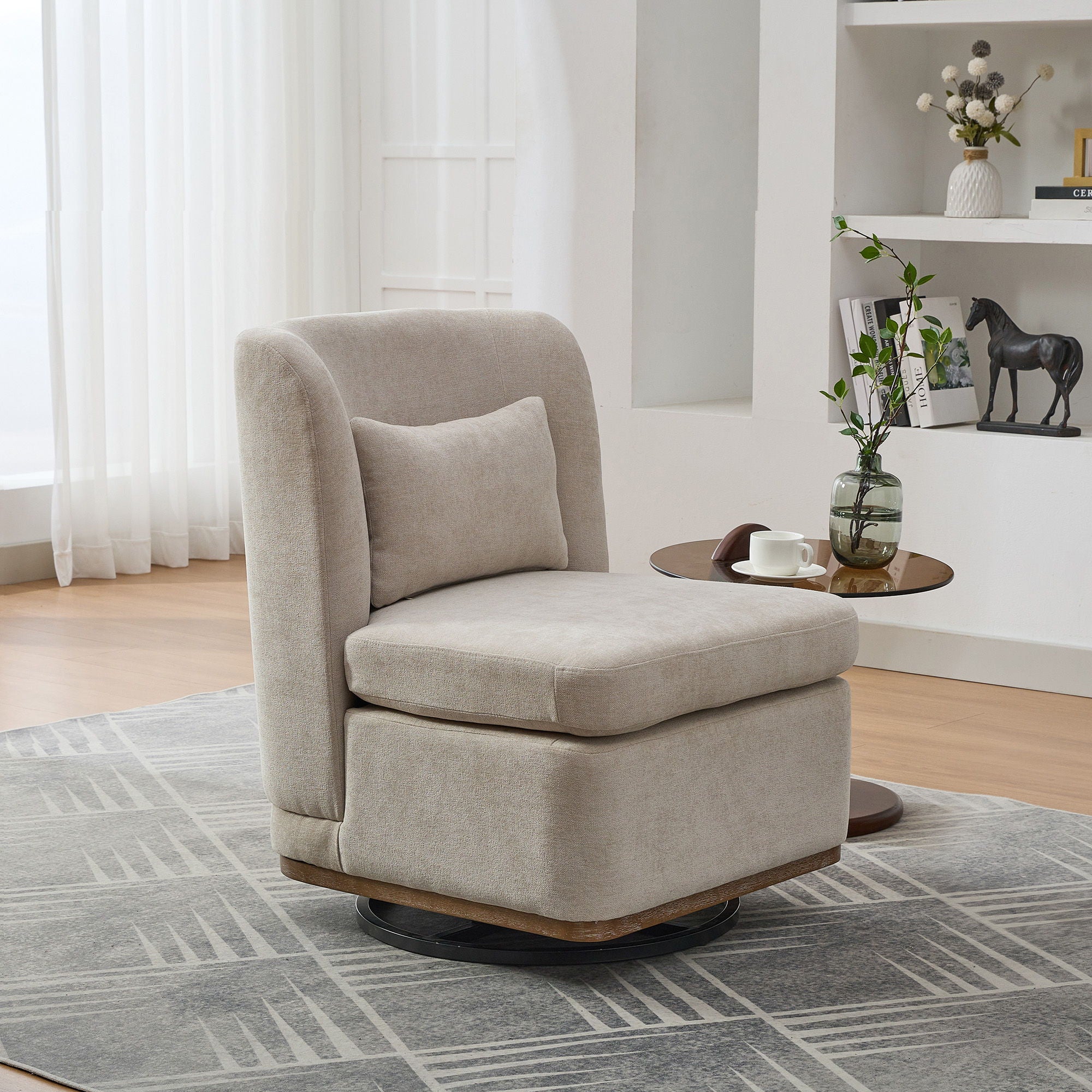 Wide Modern Chenille Cushioned Armless Metal Base 360° Swivel Chair With Pillow