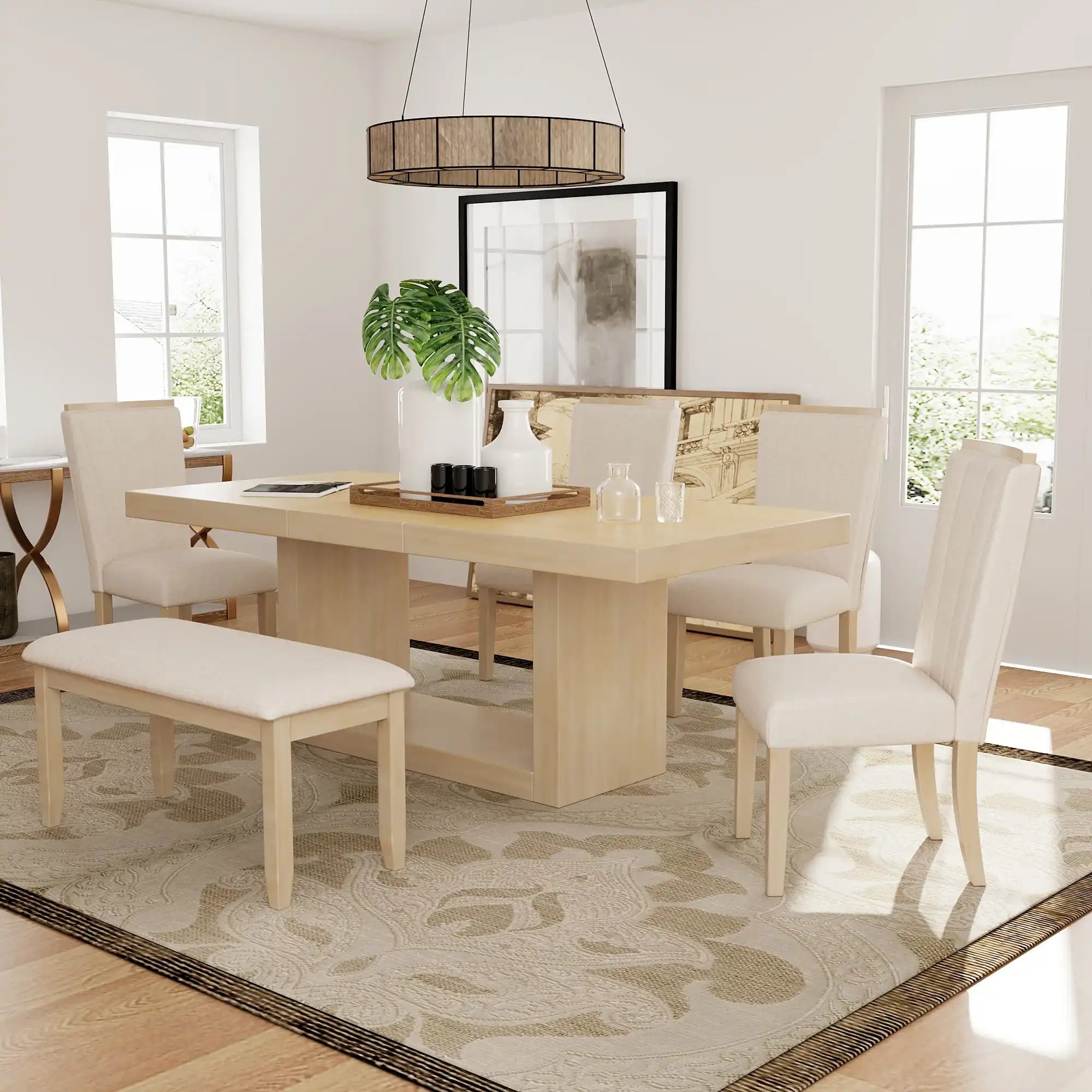 Contemporary 6-Piece Extendable Dining Table Set, Natural