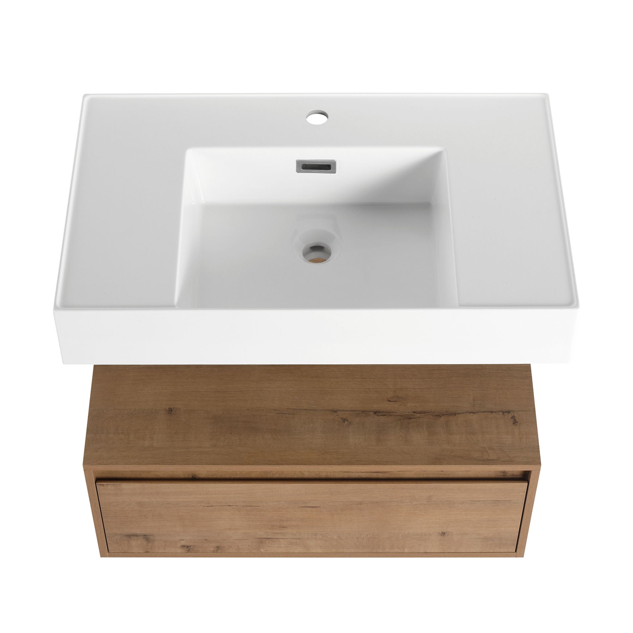 Modern Imitative Wall Mounted Bathroom Vanity With Resin Sink & 2 Side Cabinet, Soft Close Drawer - Imitative Oak