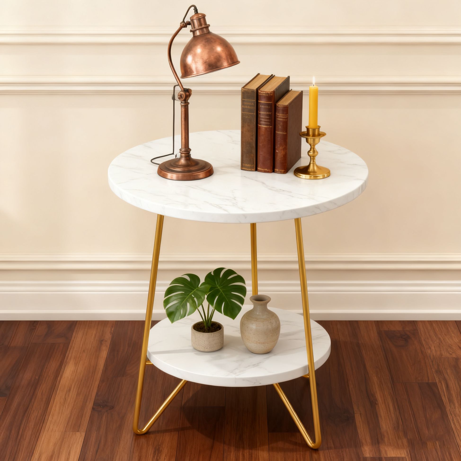 Round End Table With Hairpin Legs, 2 Tier For Living Room - White / Gold