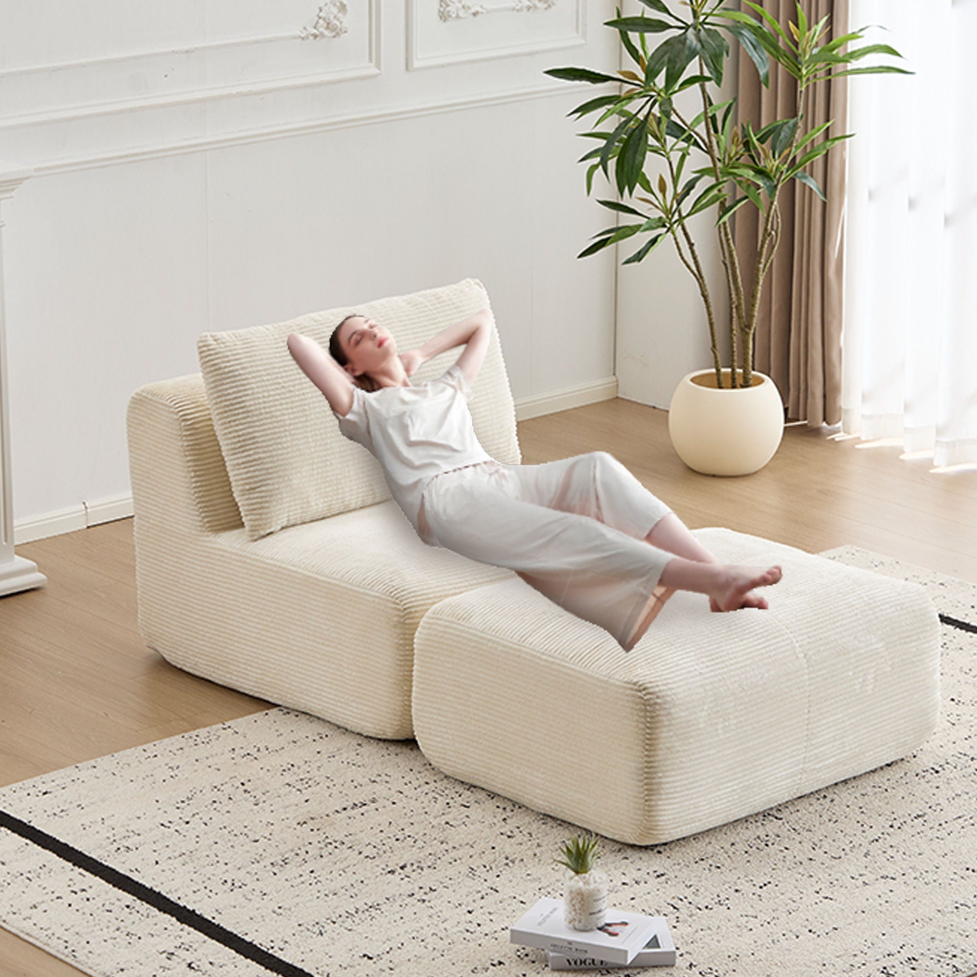 Compressed Sofa, Single Chaise Longue, Movable Ottoman For Living Room - Beige
