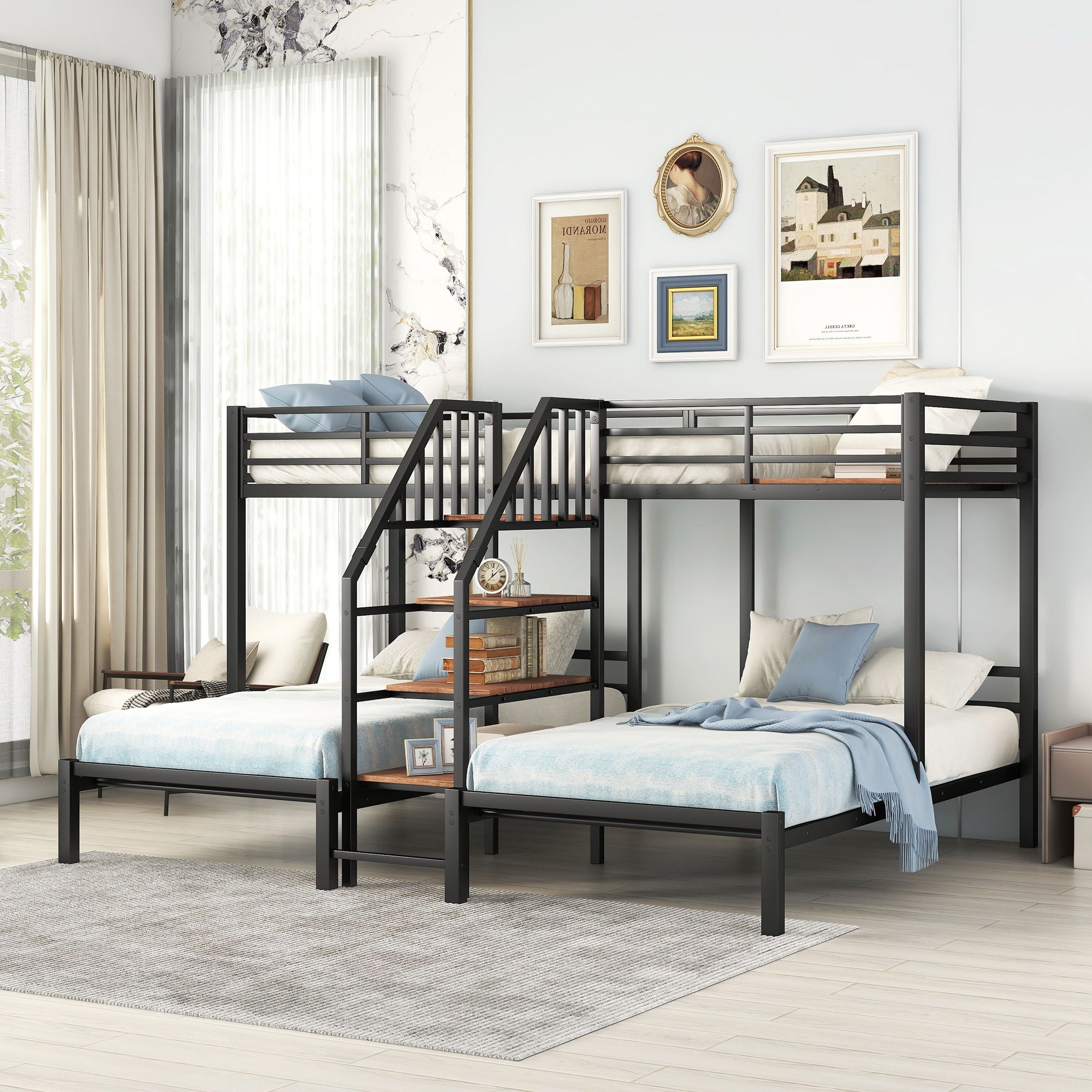 Metal Bunk Bed With Storage Shelves Staircase