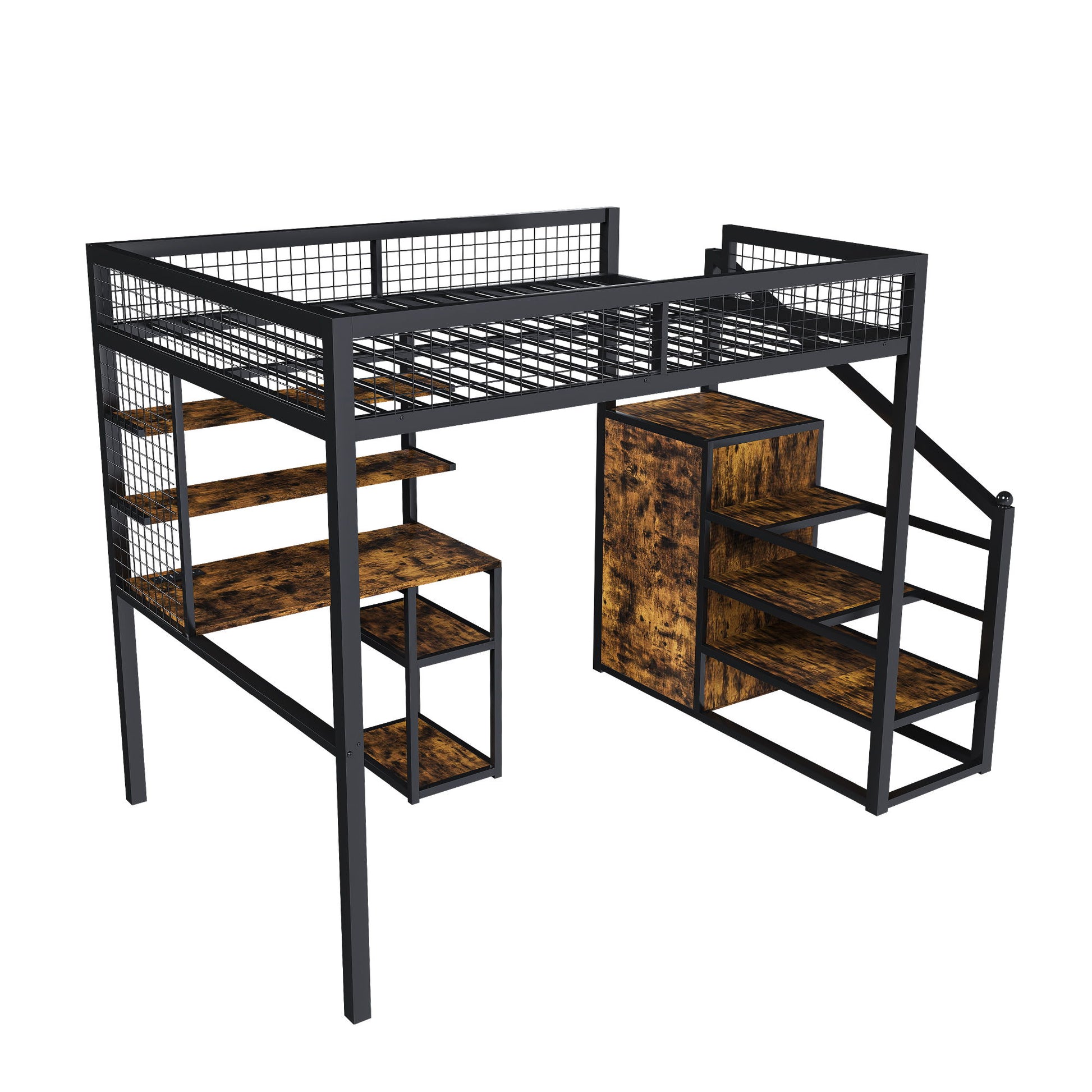 Full Size Loft Bed With Desk & Wardrobe Heavy Frame, Built In Staircase, Storage Rack & Shelves Gaming Bed - Black - Best Buy Furniture