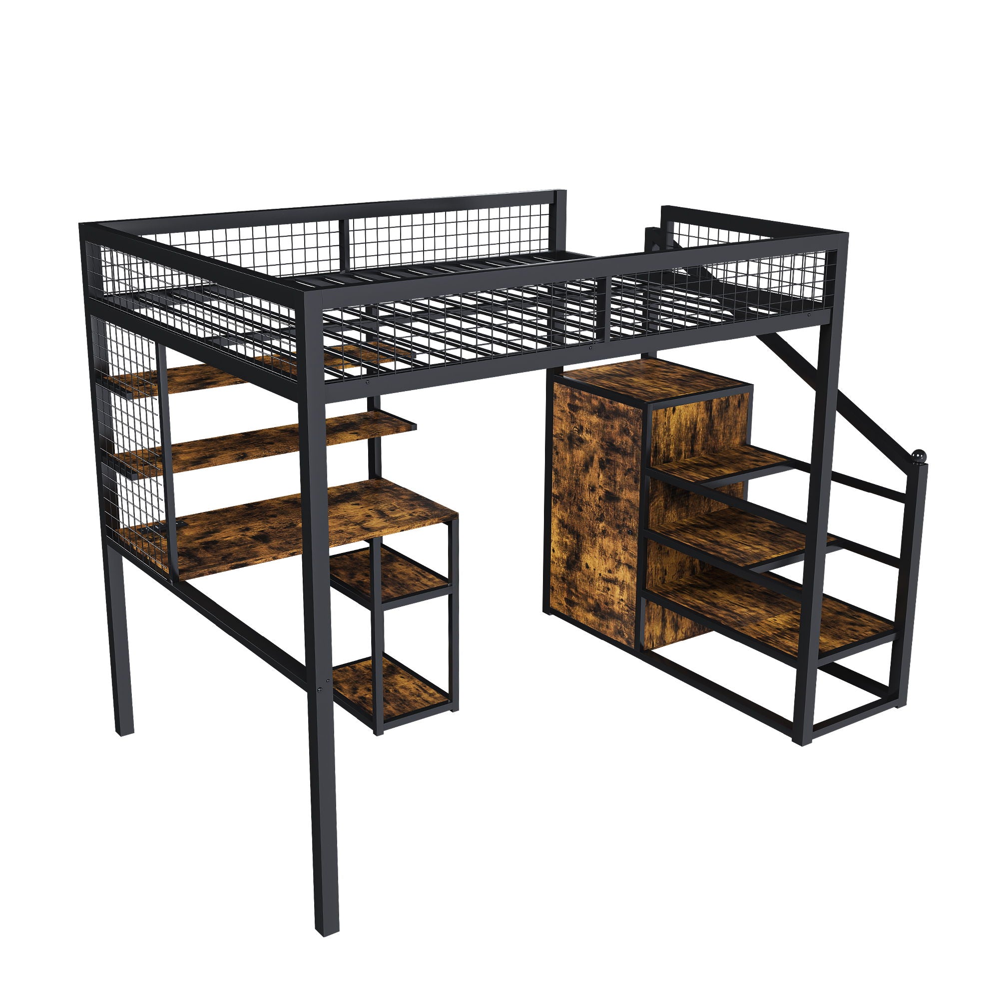 Full Size Loft Bed With Desk & Wardrobe Heavy Frame, Built In Staircase, Storage Rack & Shelves Gaming Bed - Black - Best Buy Furniture
