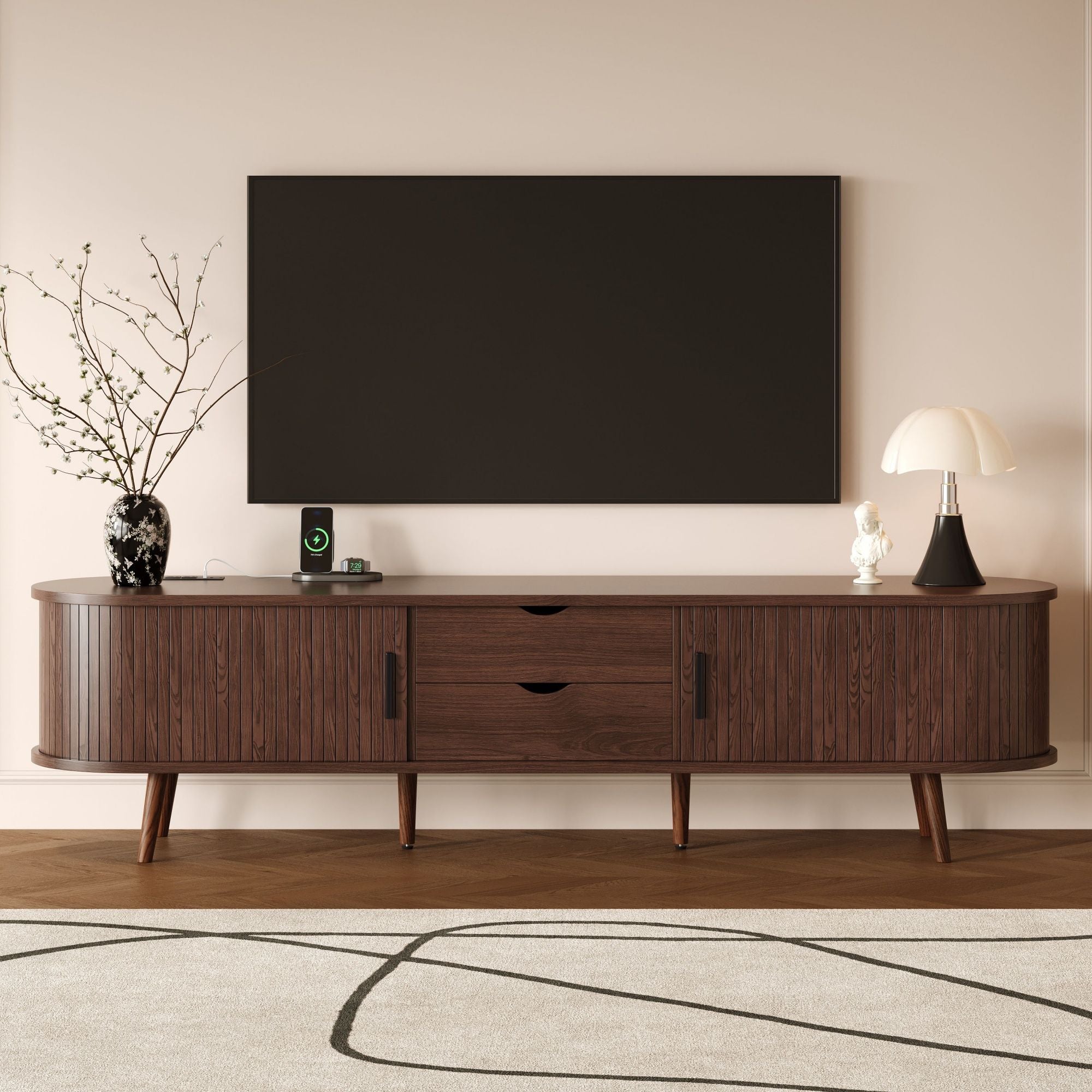 TV Stand For 70" TV, Console With Tambour Doors, Drawers And Built In Power Outlet - Dark Brown