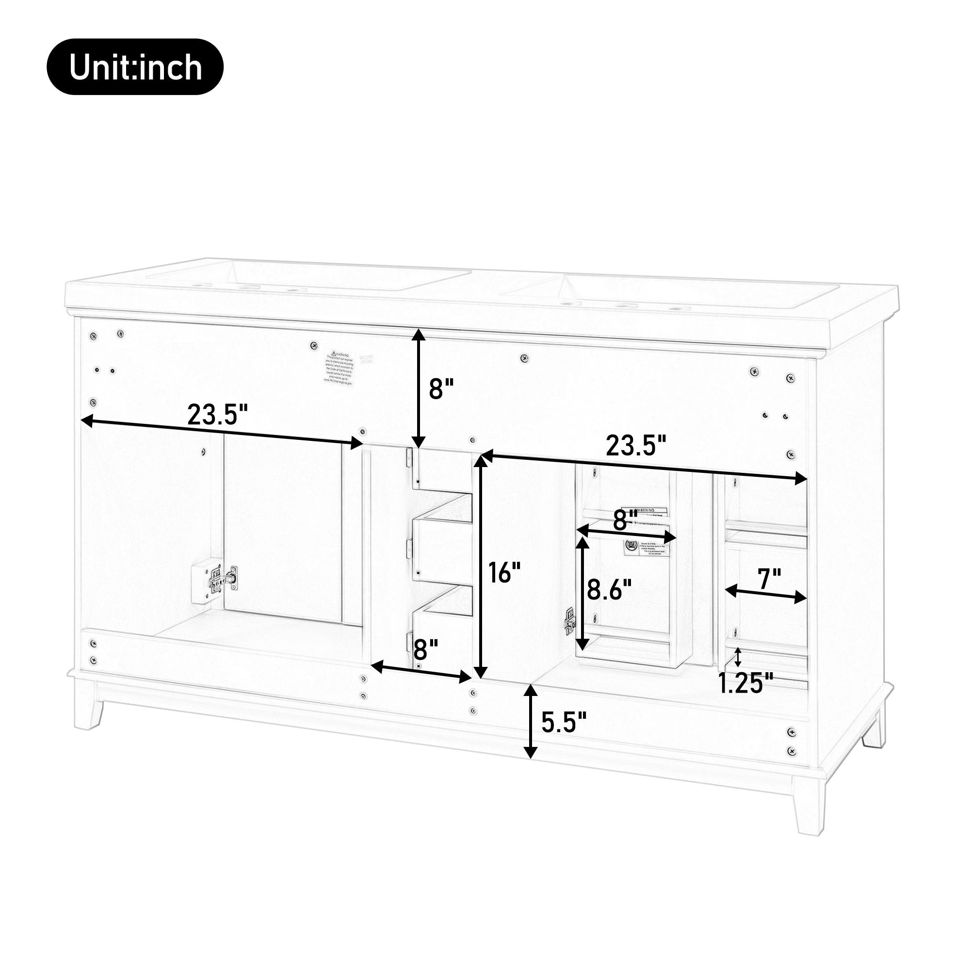Bathroom Vanity Cabinet Only, 3 Drawers & 4 Doors With Double Layer Shelves - White