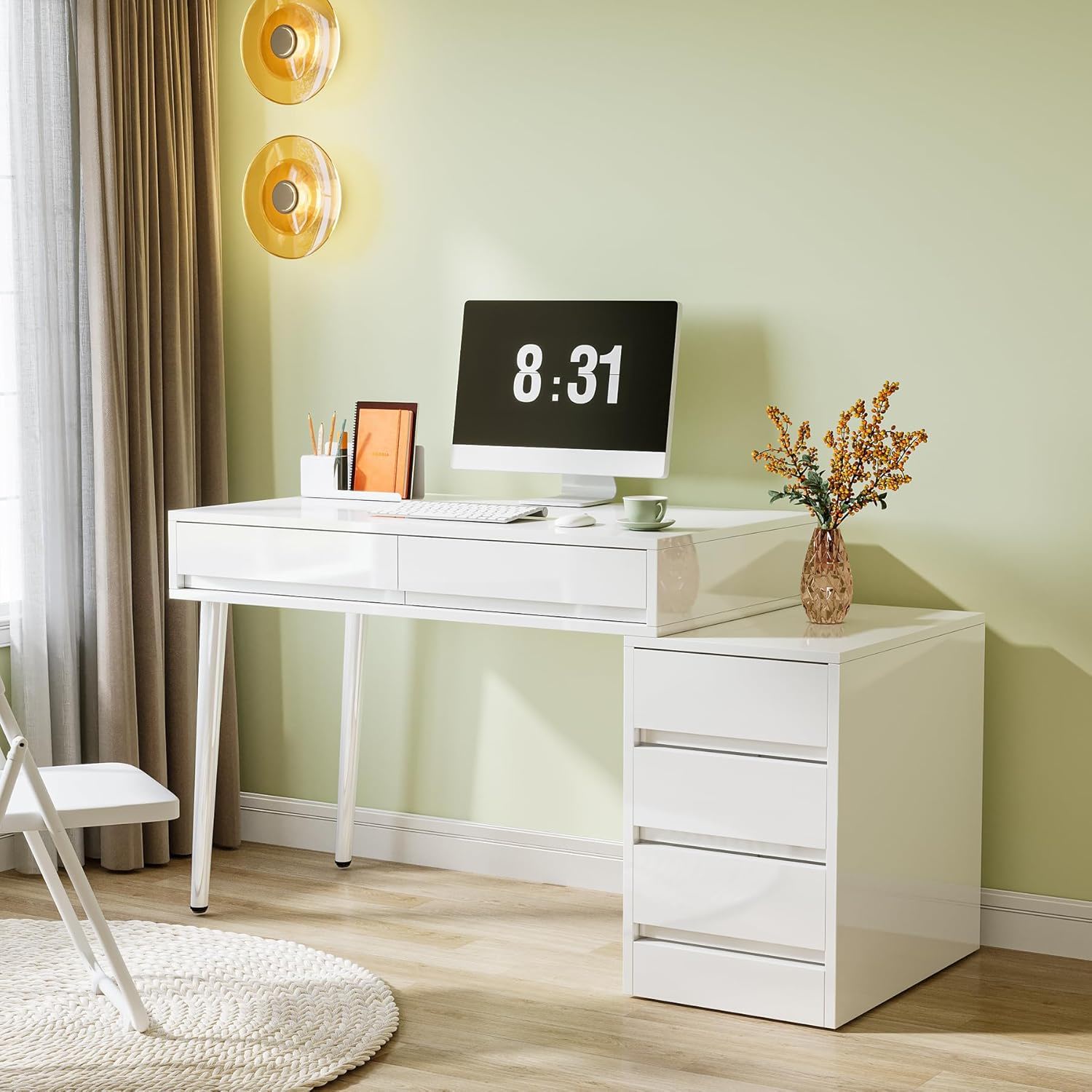 Glossy Desk With 5 Drawers & Printer Stand, Reversible Home Office Computer And Vanity Table For Small Spaces - White