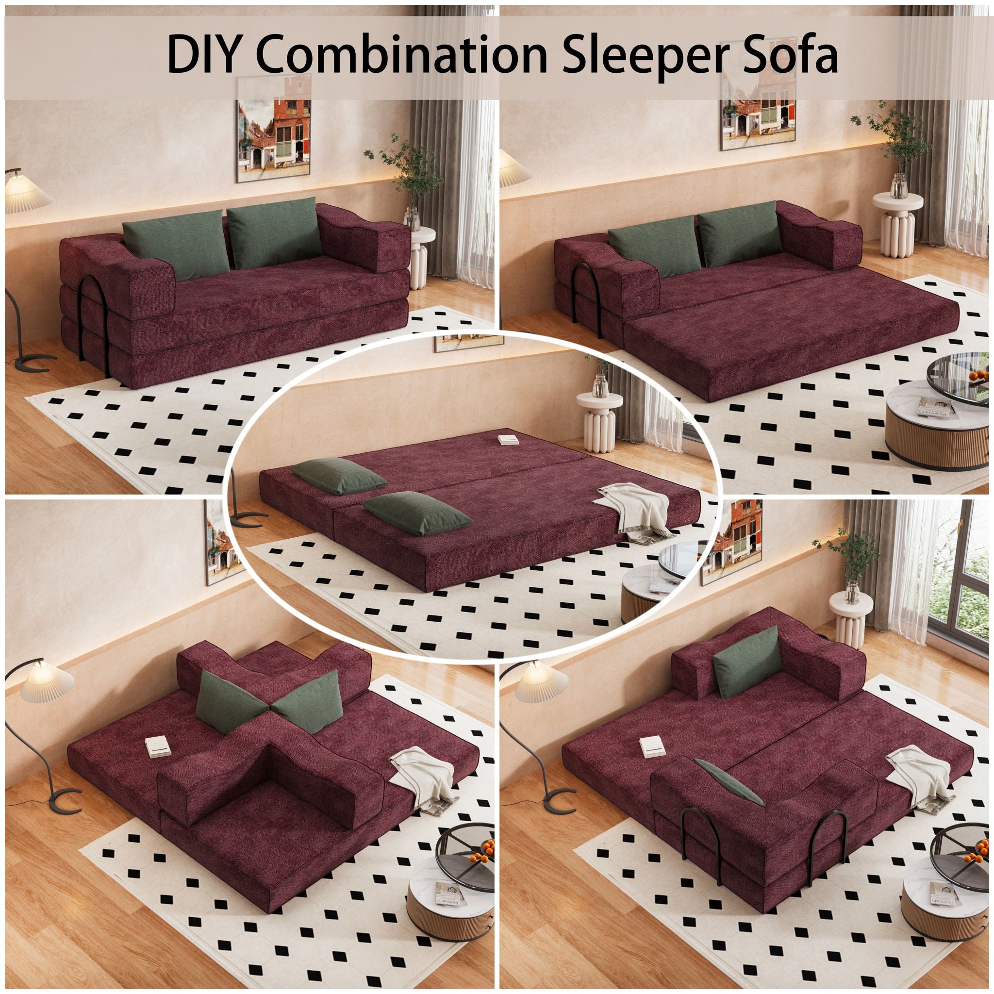 Convertible Couch Bed With 2 Pillows, 3 Seat Folding Floor Couch & King Size Bed Mattress, Diy Combination - Burgundy
