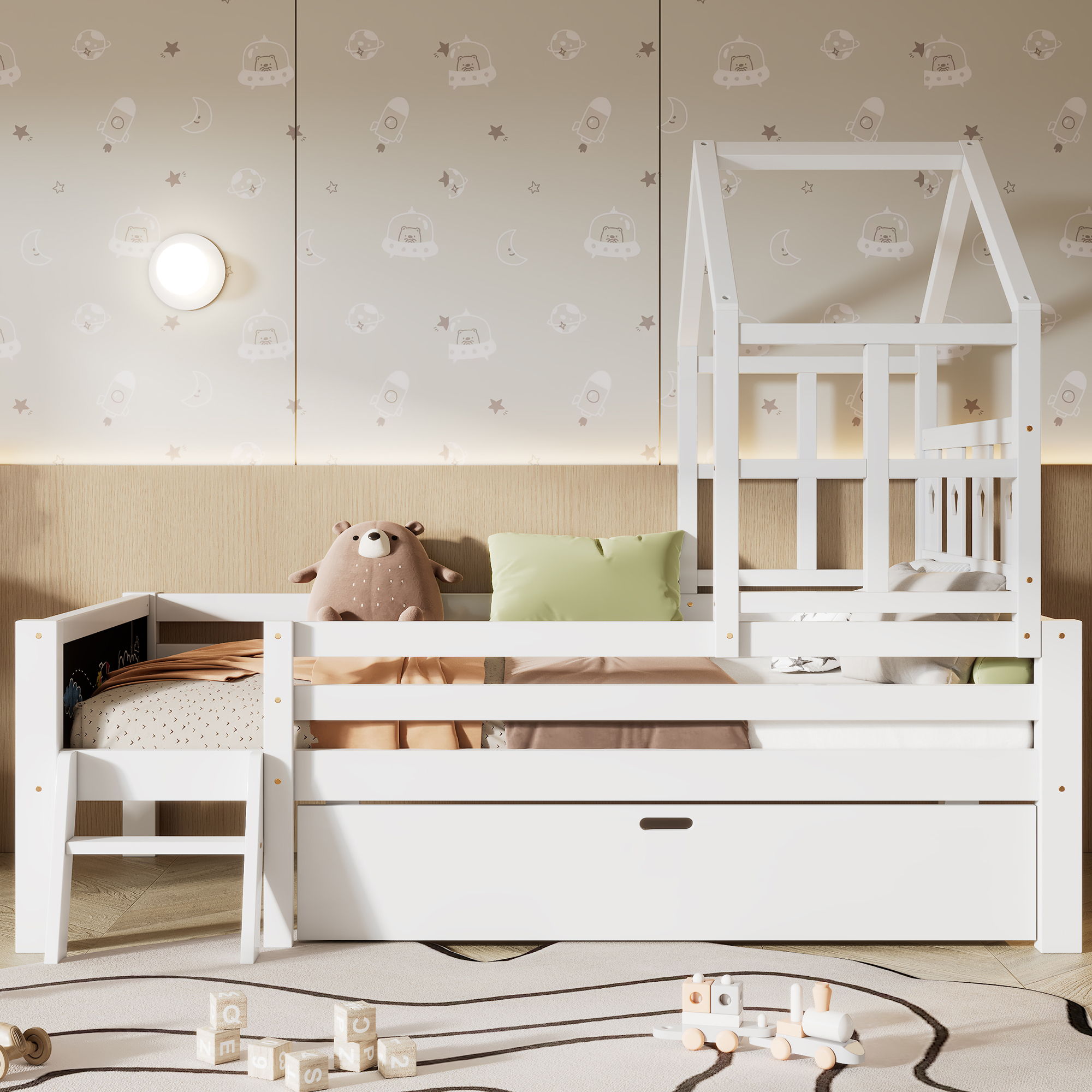 House Bed With Ladder And Storage Drawers Platform With Blackboard, No Box Spring