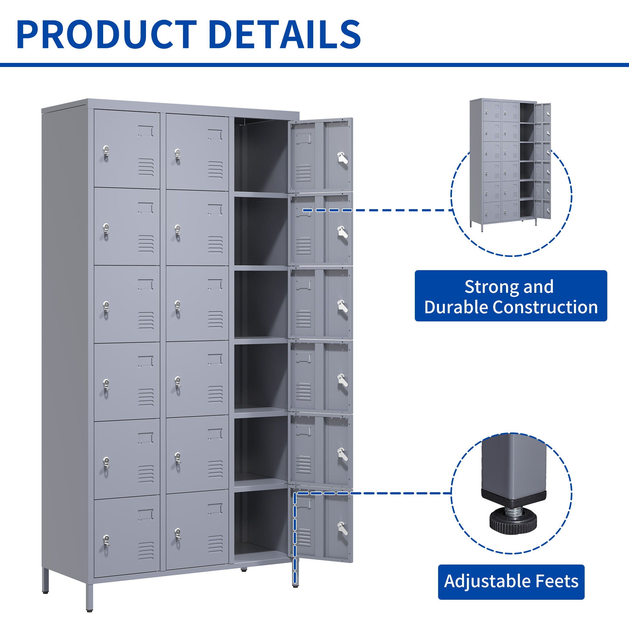 Lockers 18 Door With Lock For Employees, Storage Cabinet For Home Gym Office School Garage - Gray
